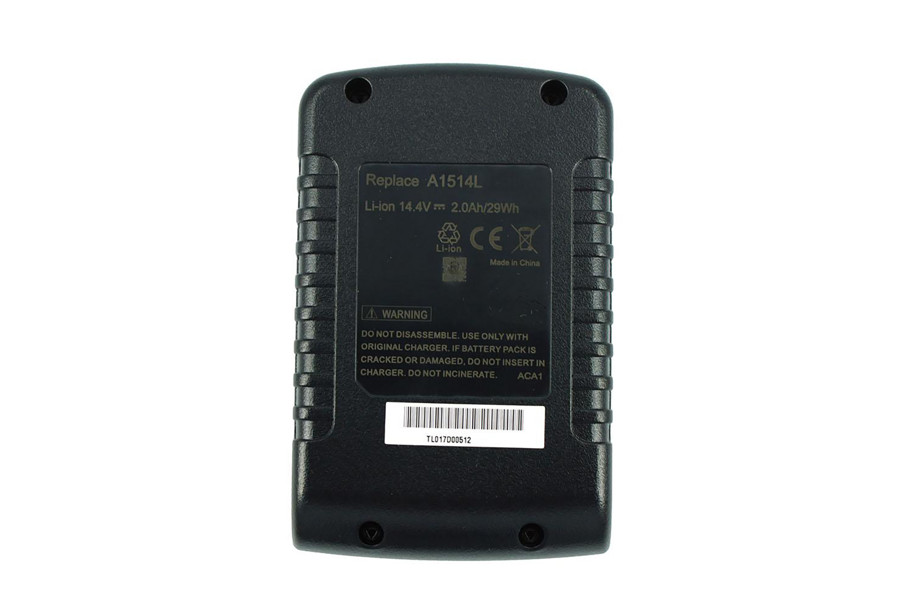 Schwarzer Li-ion Akku Modell A1514L, 14,4V, 2,0Ah, 29Wh. Enthält Warnhinweise.
