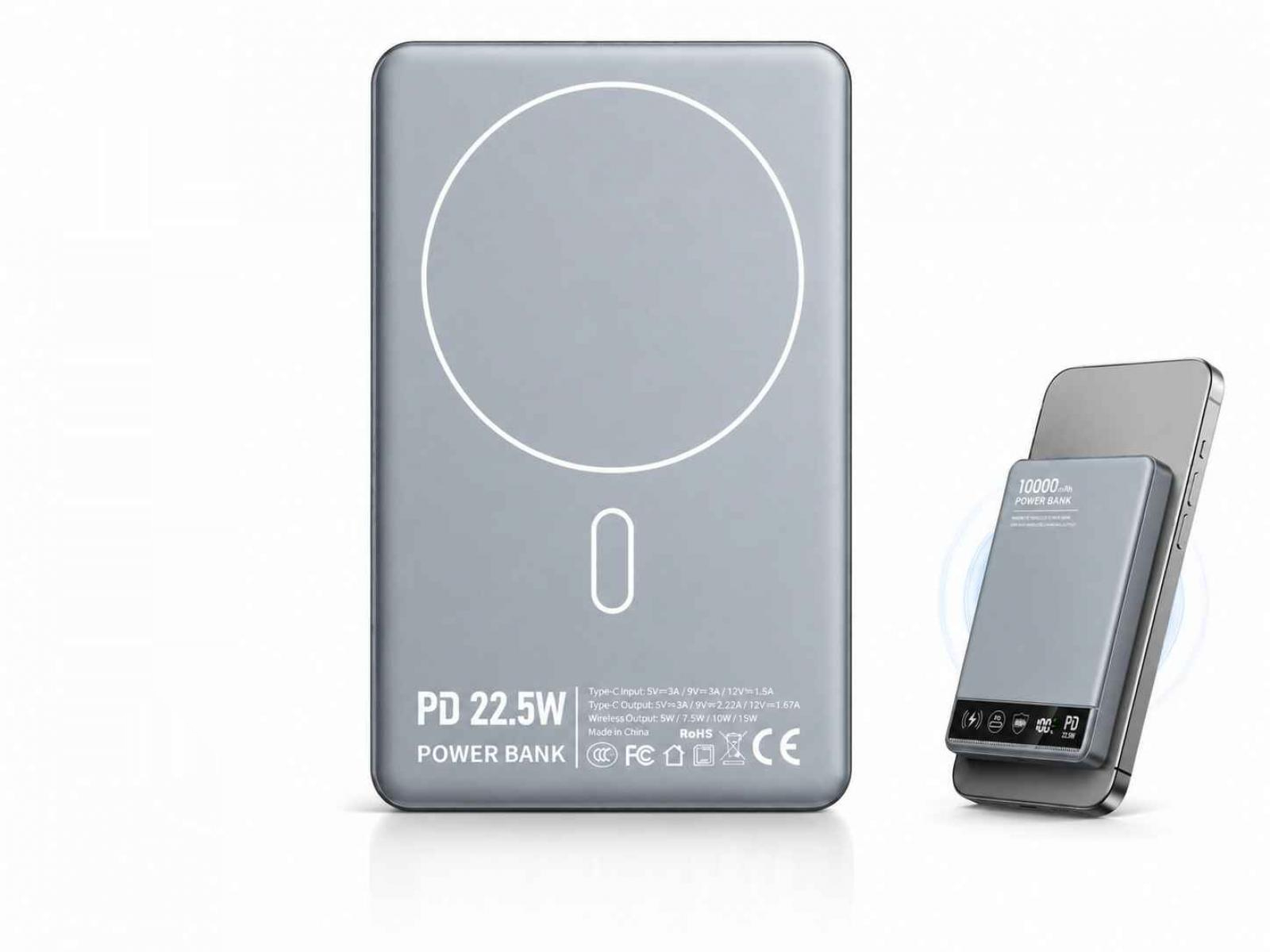 Grauer Powerbank mit Kreis und Ladeanzeige, neben einem Handy.
