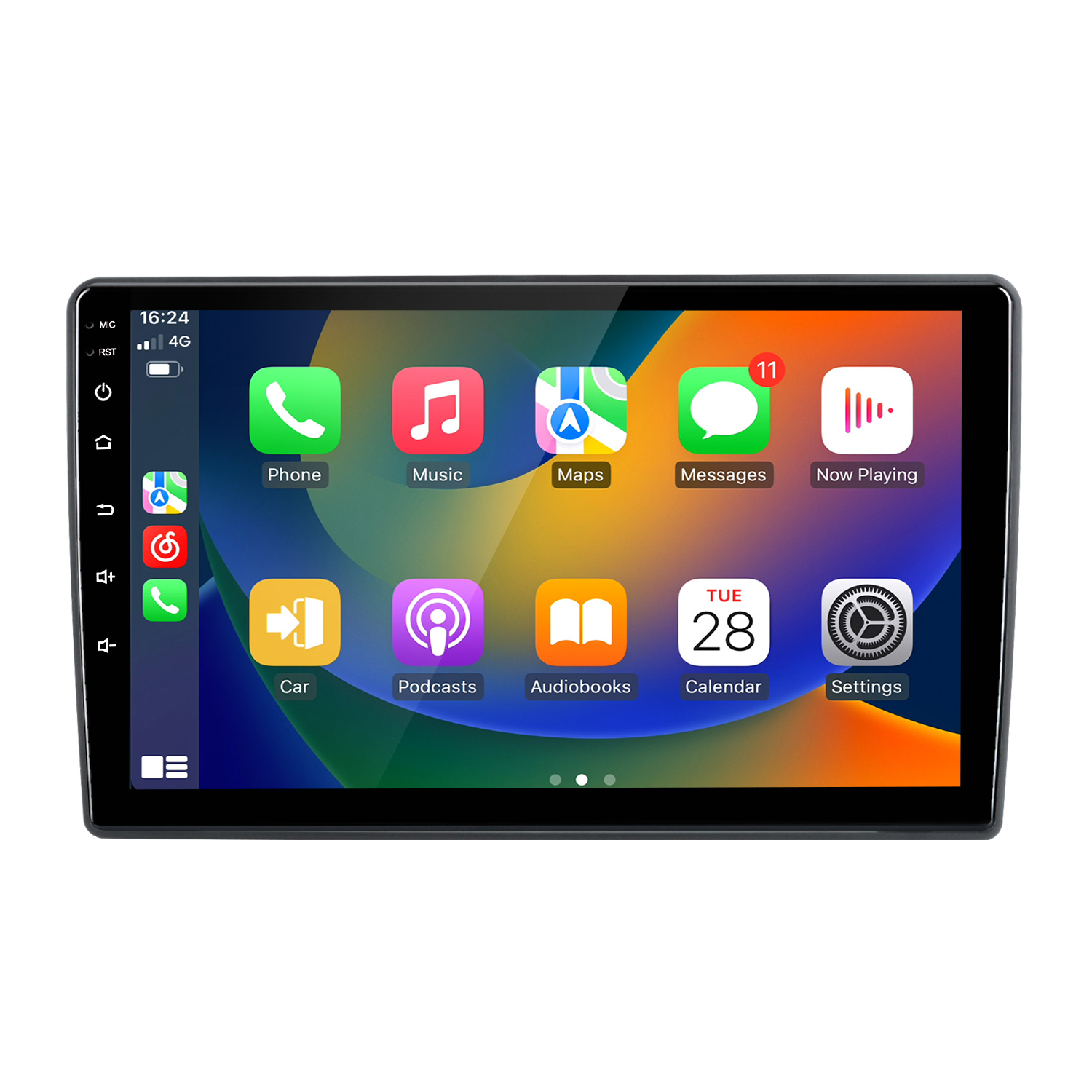 Ein moderner Infotainment-Bildschirm mit App-Symbolen wie Telefon, Musik und Karten.