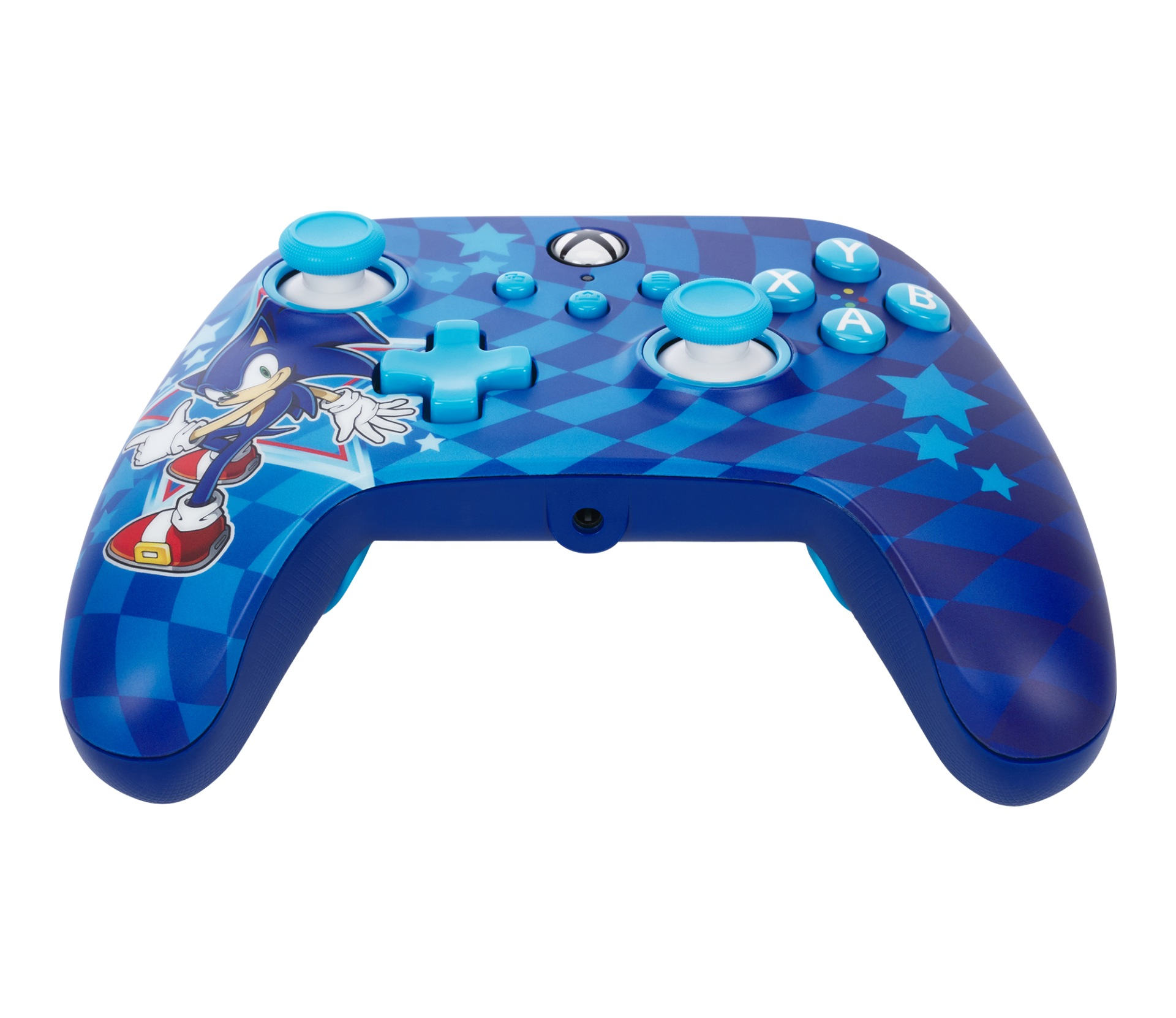Niebieski kontroler Xbox z Soniciem i wzorem w kratkę.