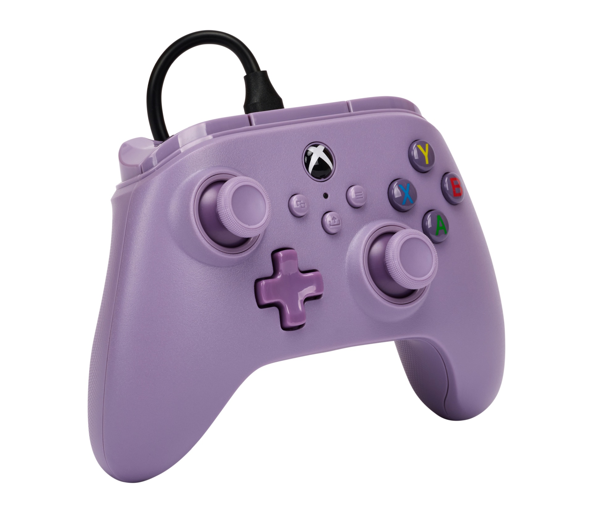 Un controller Xbox lavanda con cavo nero.