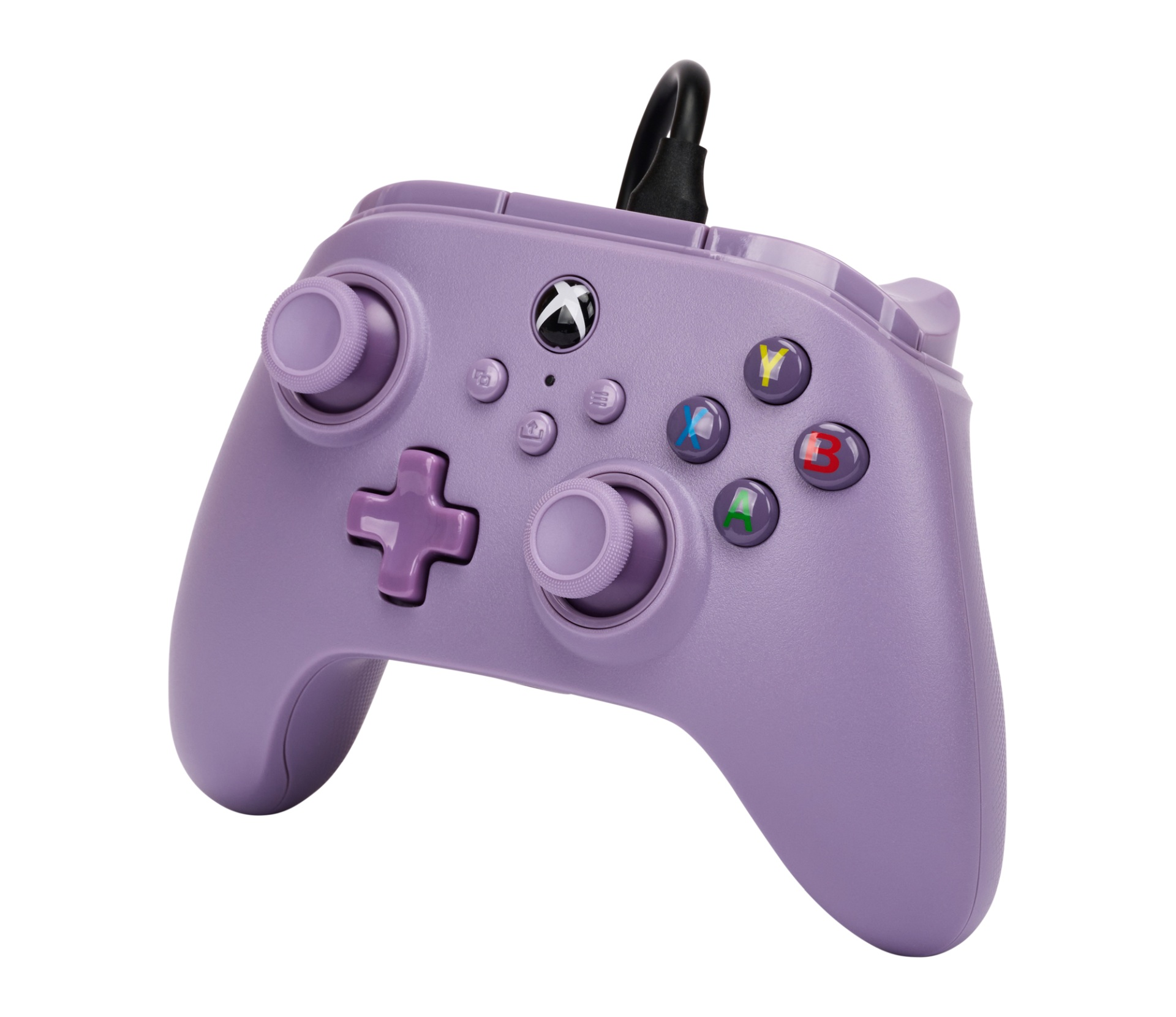 Controller Xbox viola con cavo nero e pulsanti colorati.