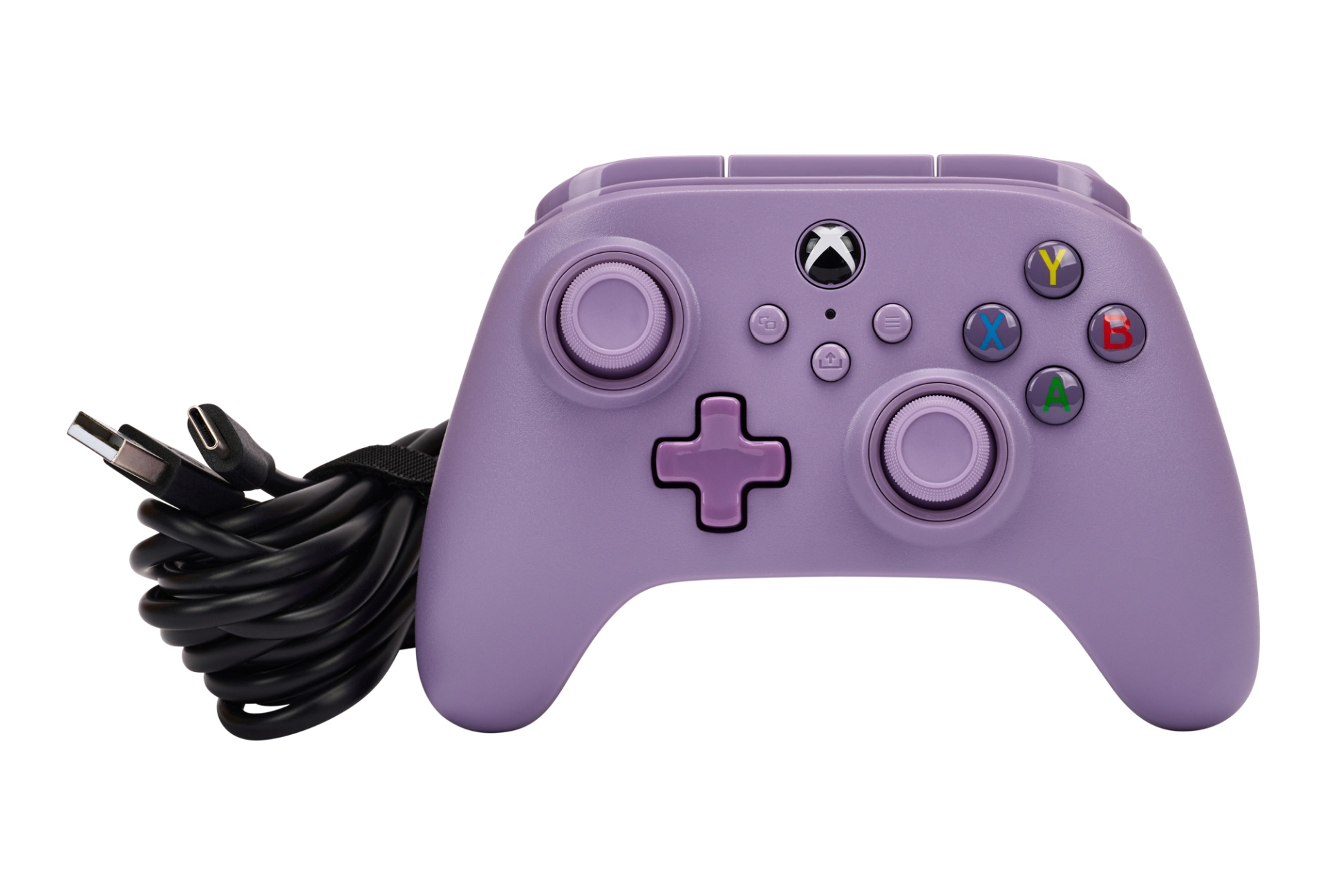 Un controller Xbox lavanda con cavo nero collegato via USB-C.