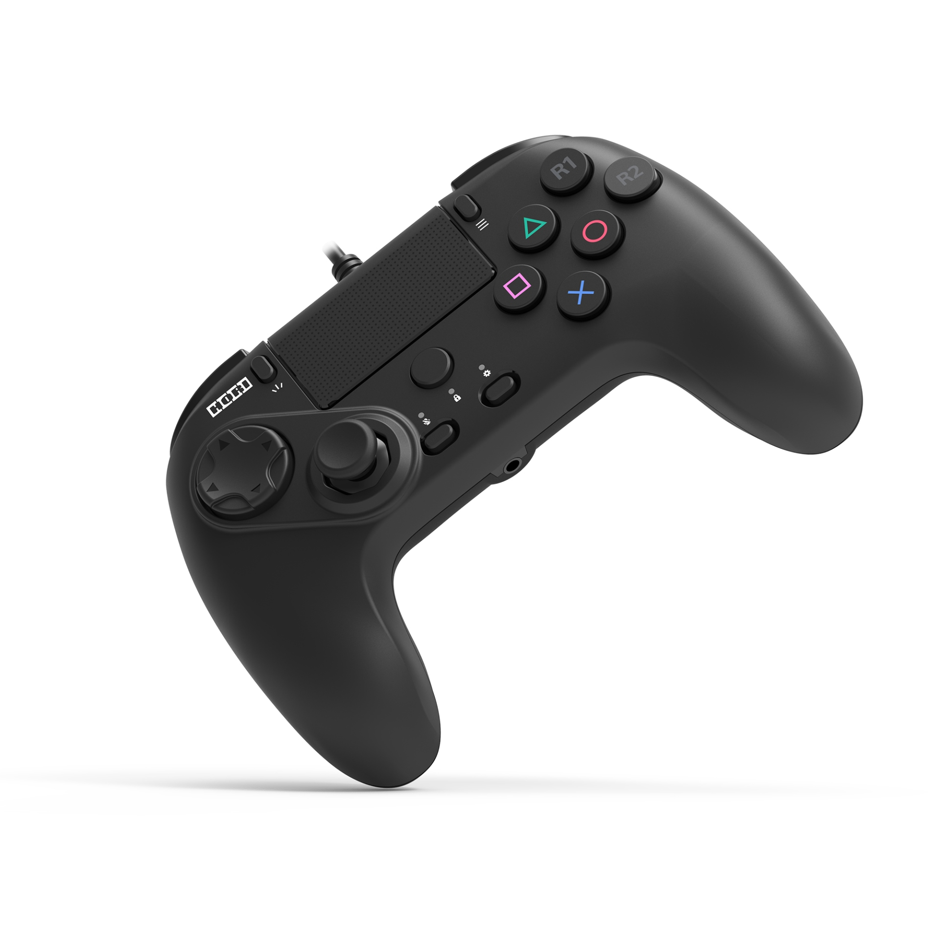 Ein schwarzer Gamecontroller mit Tasten und Joysticks liegt auf weißem Hintergrund.