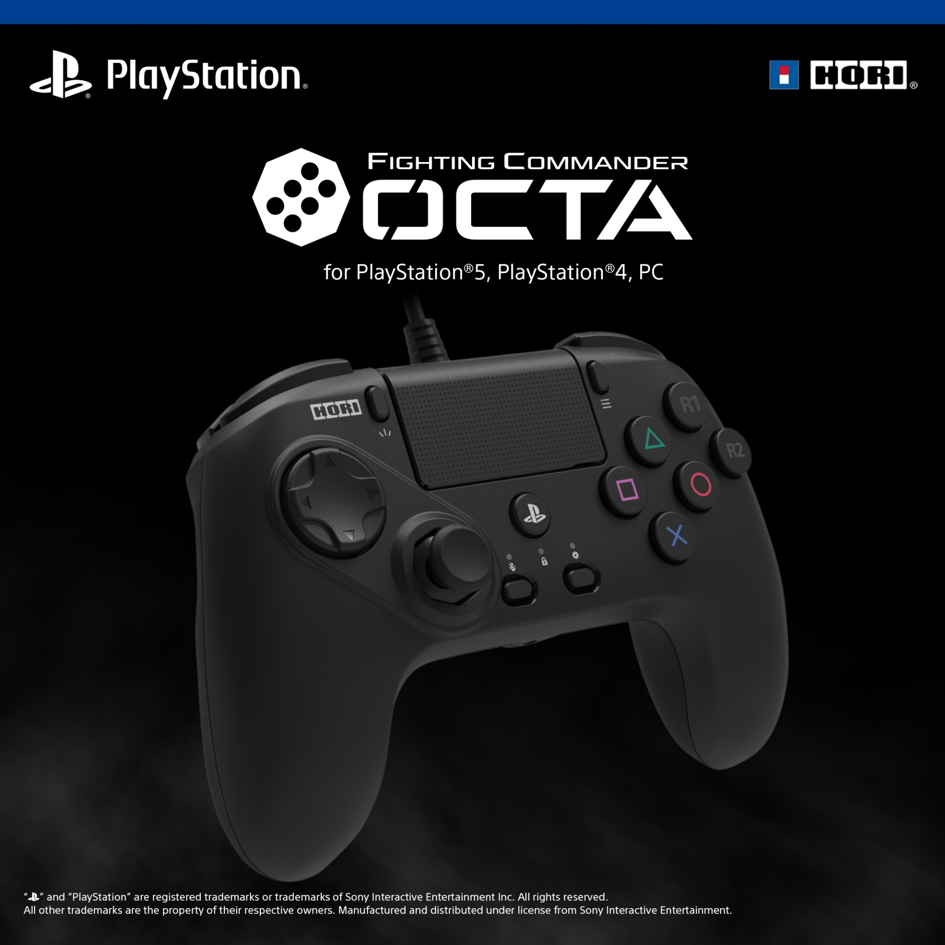 Schwarzer Gaming-Controller mit PlayStation- und Hori-Logos sowie Spieltitel.
