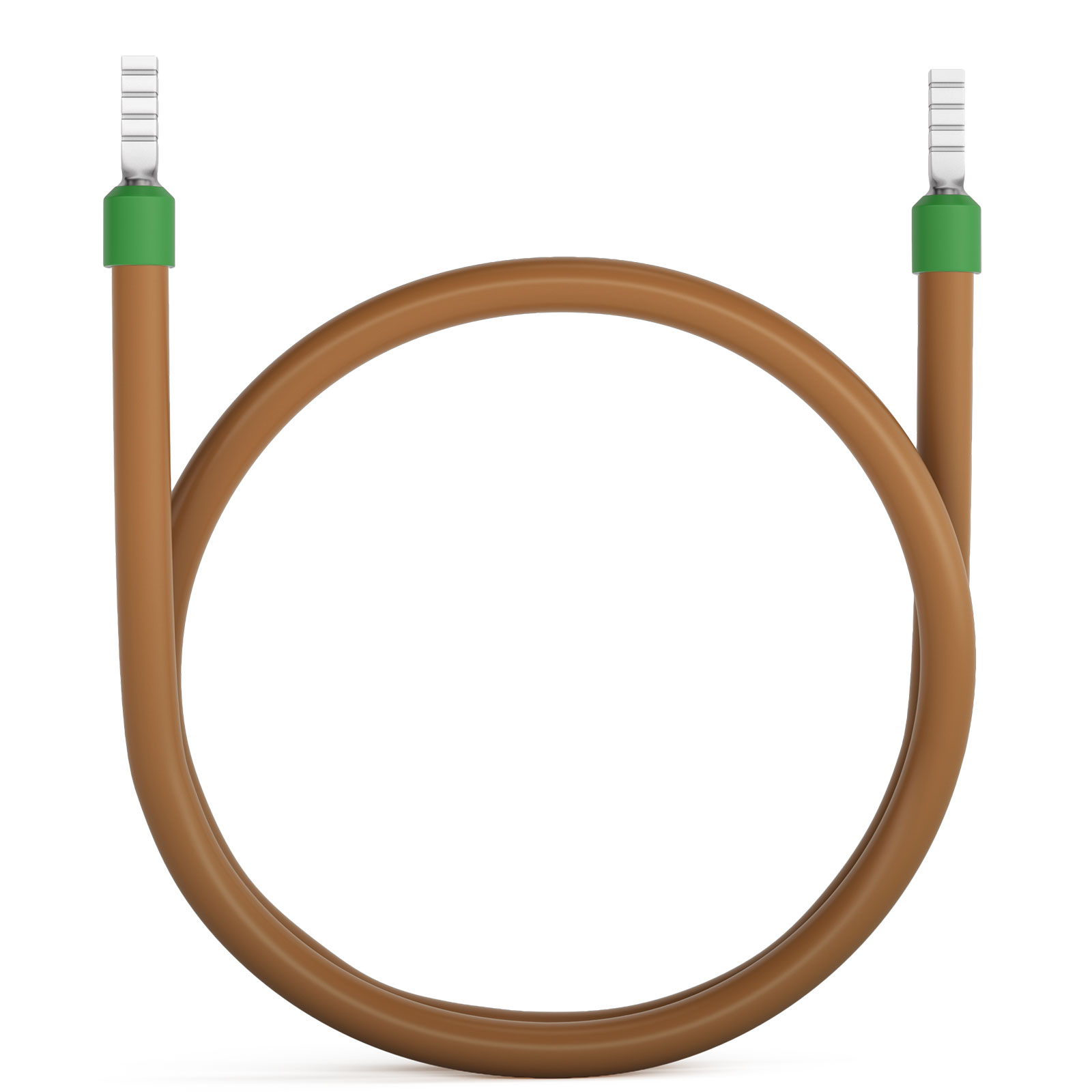 Ein braunes Kabel mit grünen Anschlüssen und Metallklemmen.