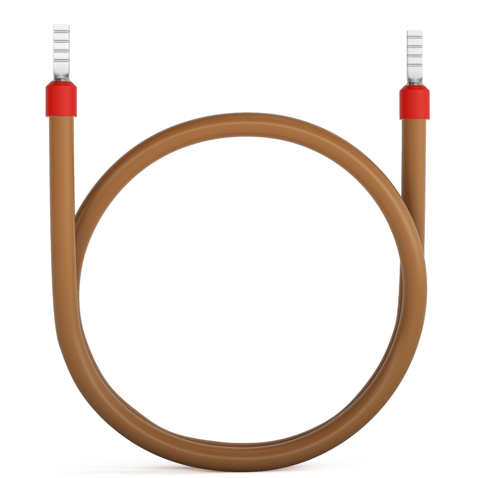 Ein braunes Kabel mit roten Endstücken und silbernen Anschlüssen, das einen Kreis bildet.