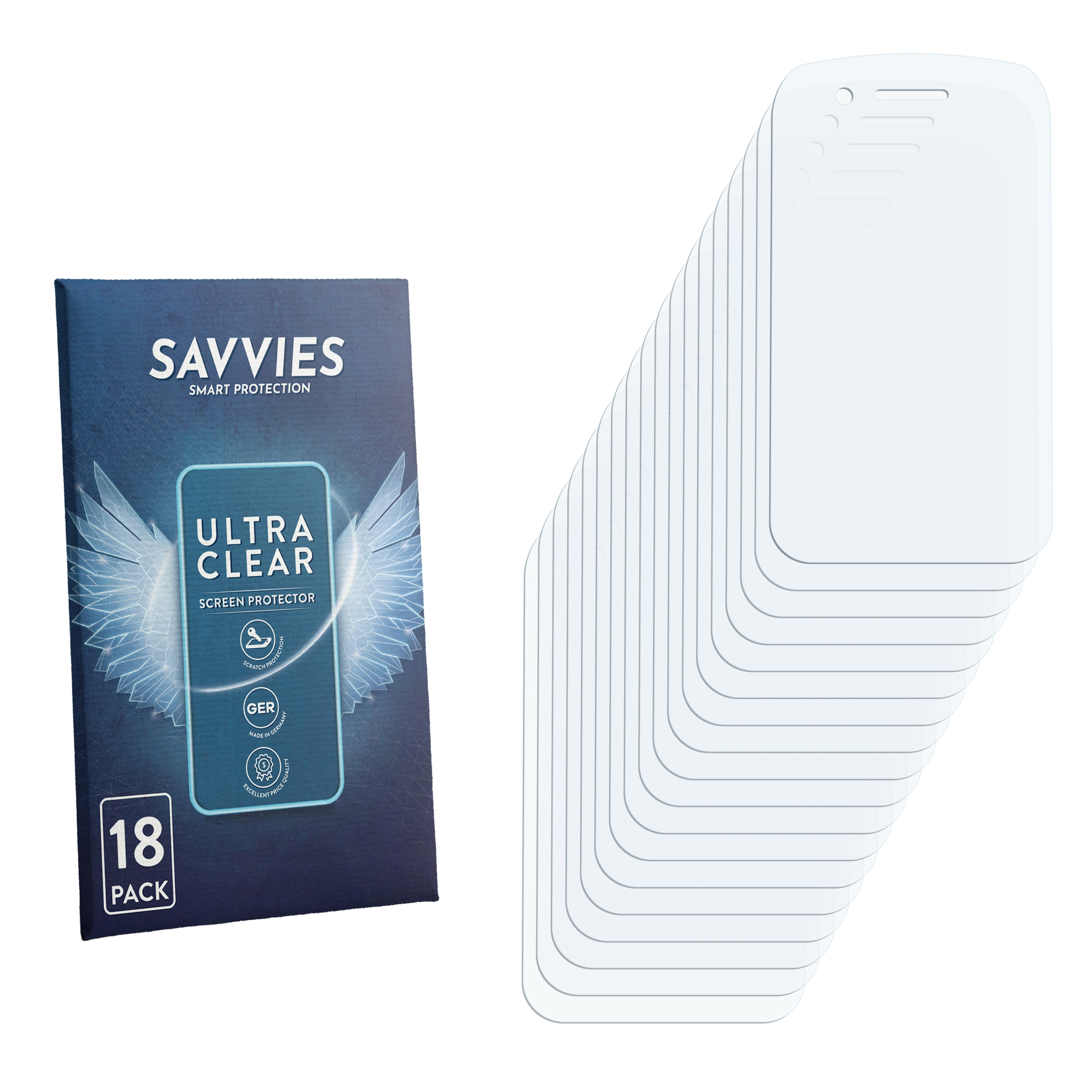 Eine Packung mit 18 Displayschutzfolien von Savvies, Ultra Clear.