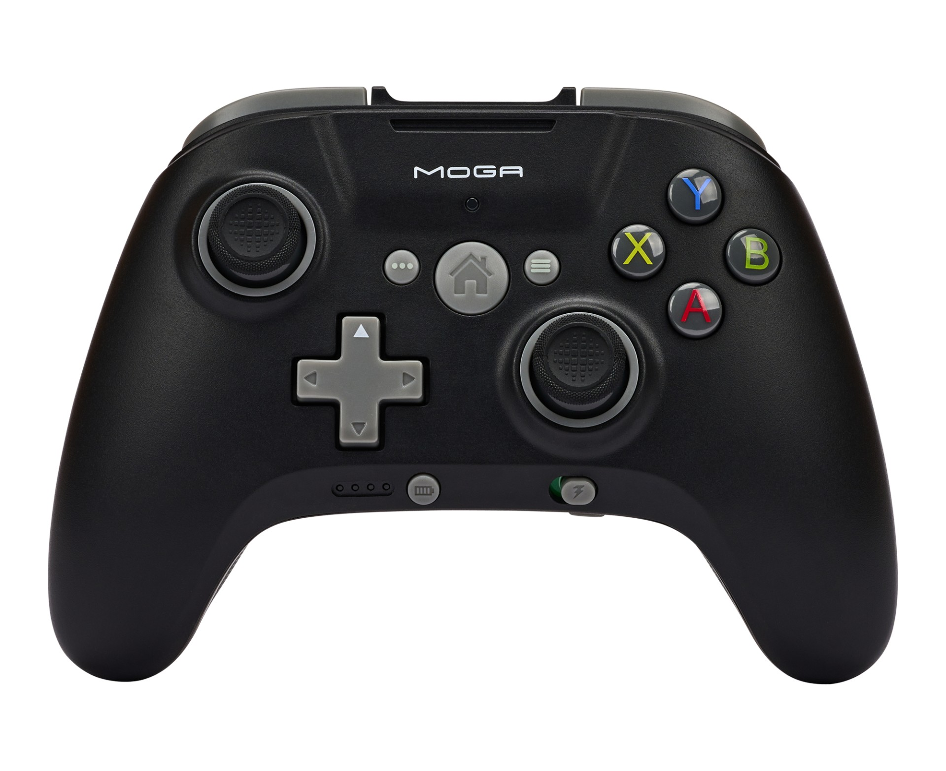 Czarny kontroler do gier z dwoma joystickami, D-padem i kolorowymi przyciskami.