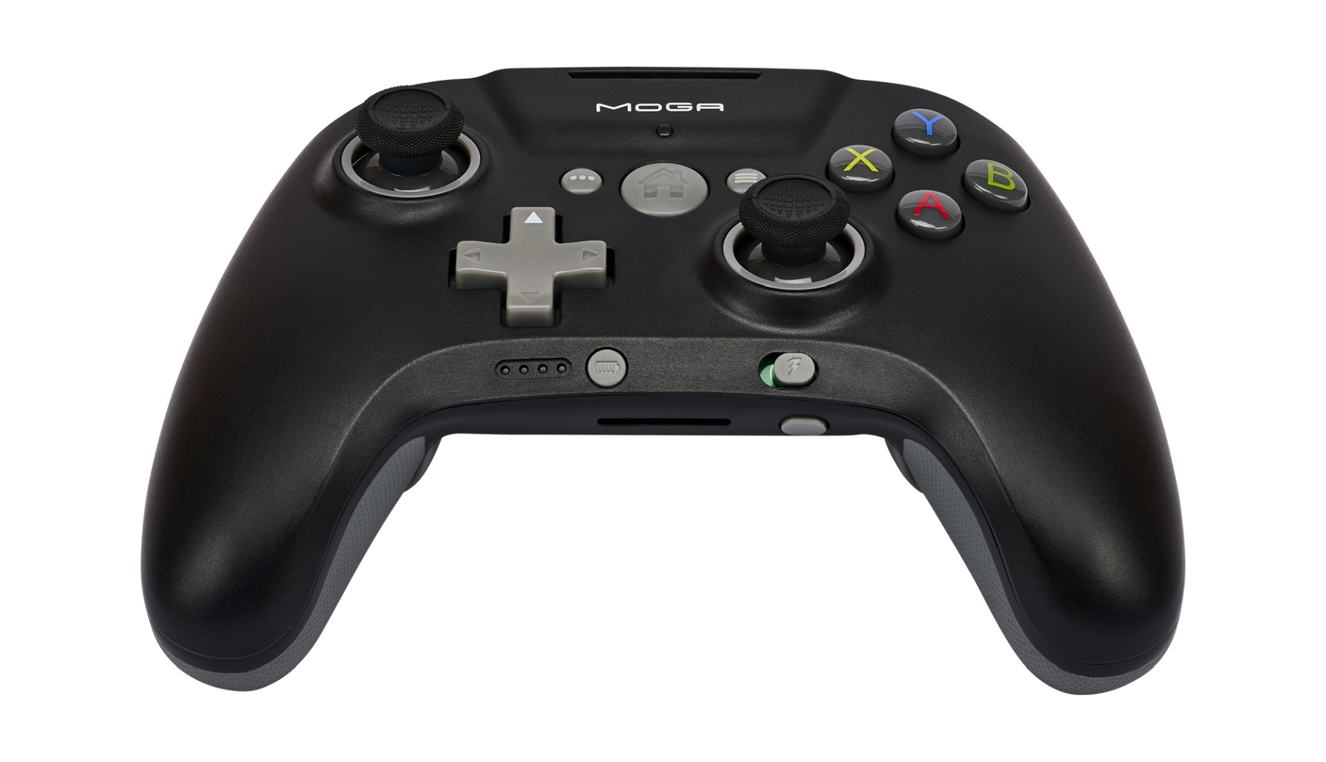 Czarny kontroler MOGA z joystickami, D-padem i kolorowymi przyciskami.