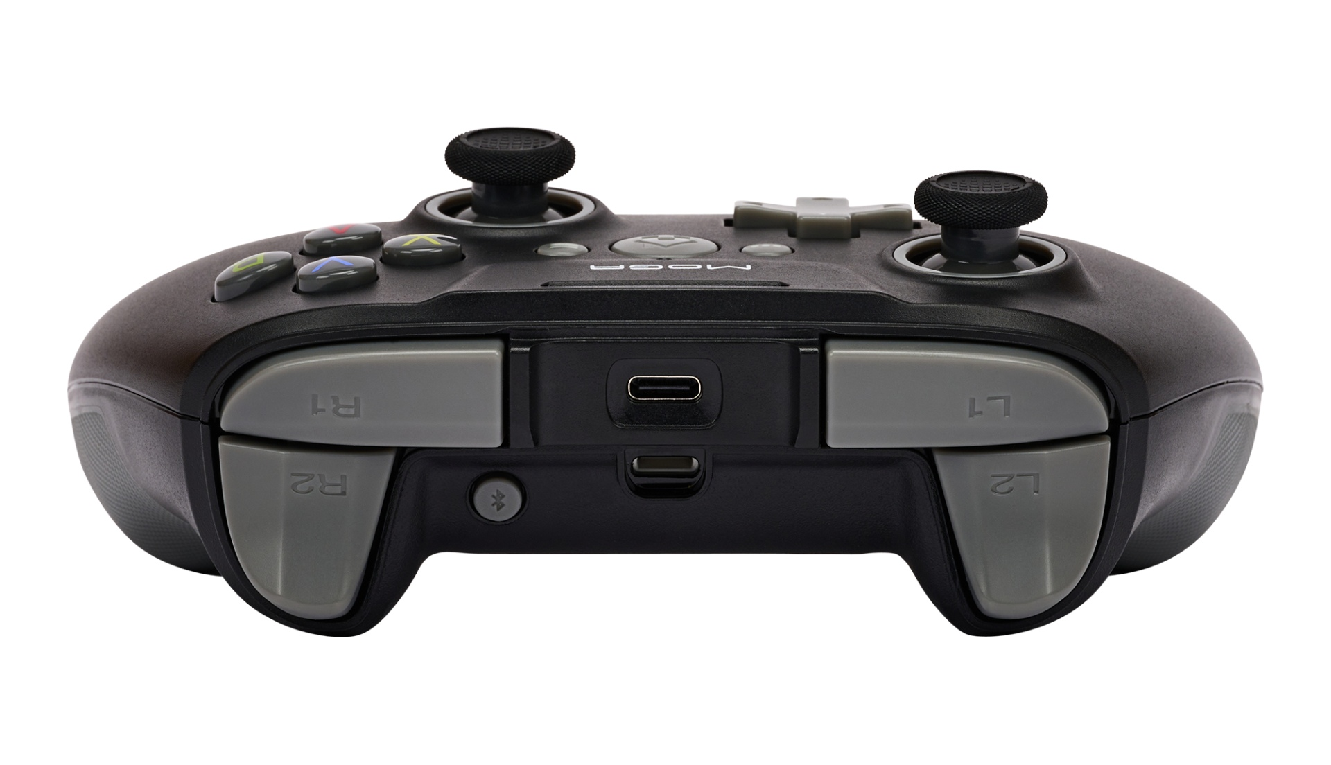Czarny kontroler do gier z szarymi przyciskami i dwoma joystickami.