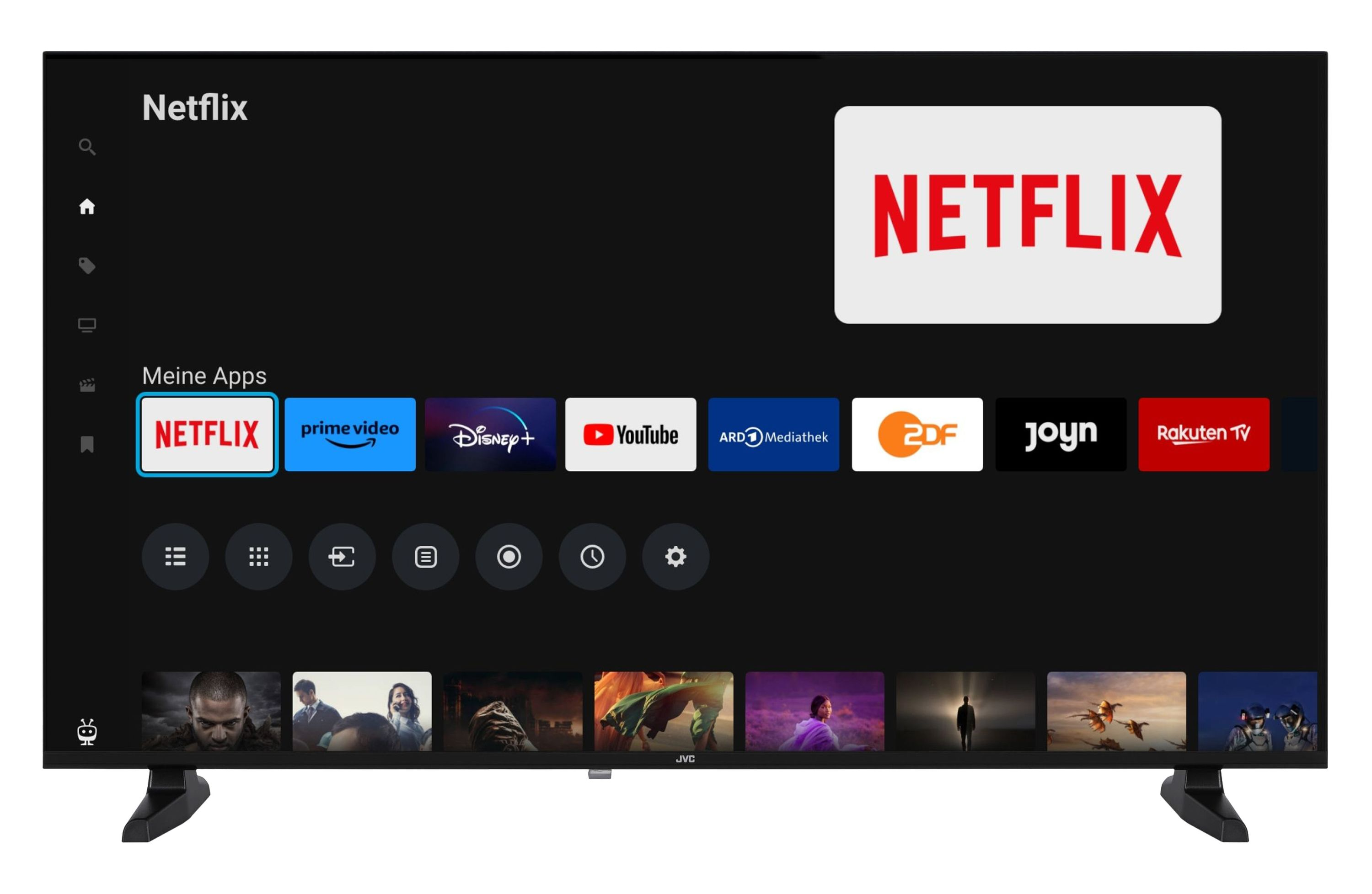 Ein Fernsehbildschirm zeigt die Netflix-Startseite mit Apps und Vorschaubildern.