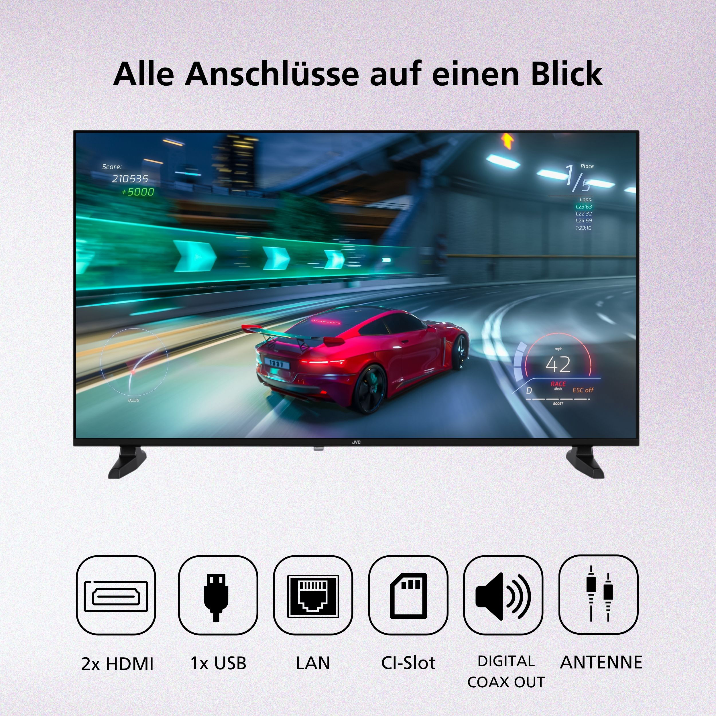 Ein Fernsehbildschirm zeigt ein Rennspiel mit einem roten Auto. Anschlüsse unten.