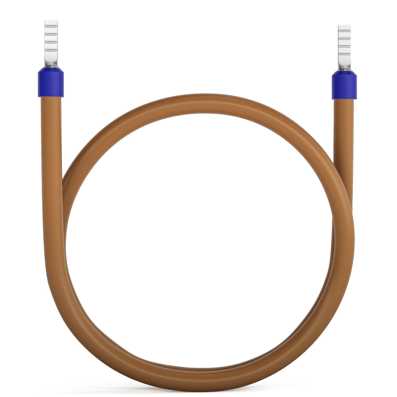 Ein braunes Kabel mit blauem Stecker und silbernem Anschluss ist kreisförmig gebogen.