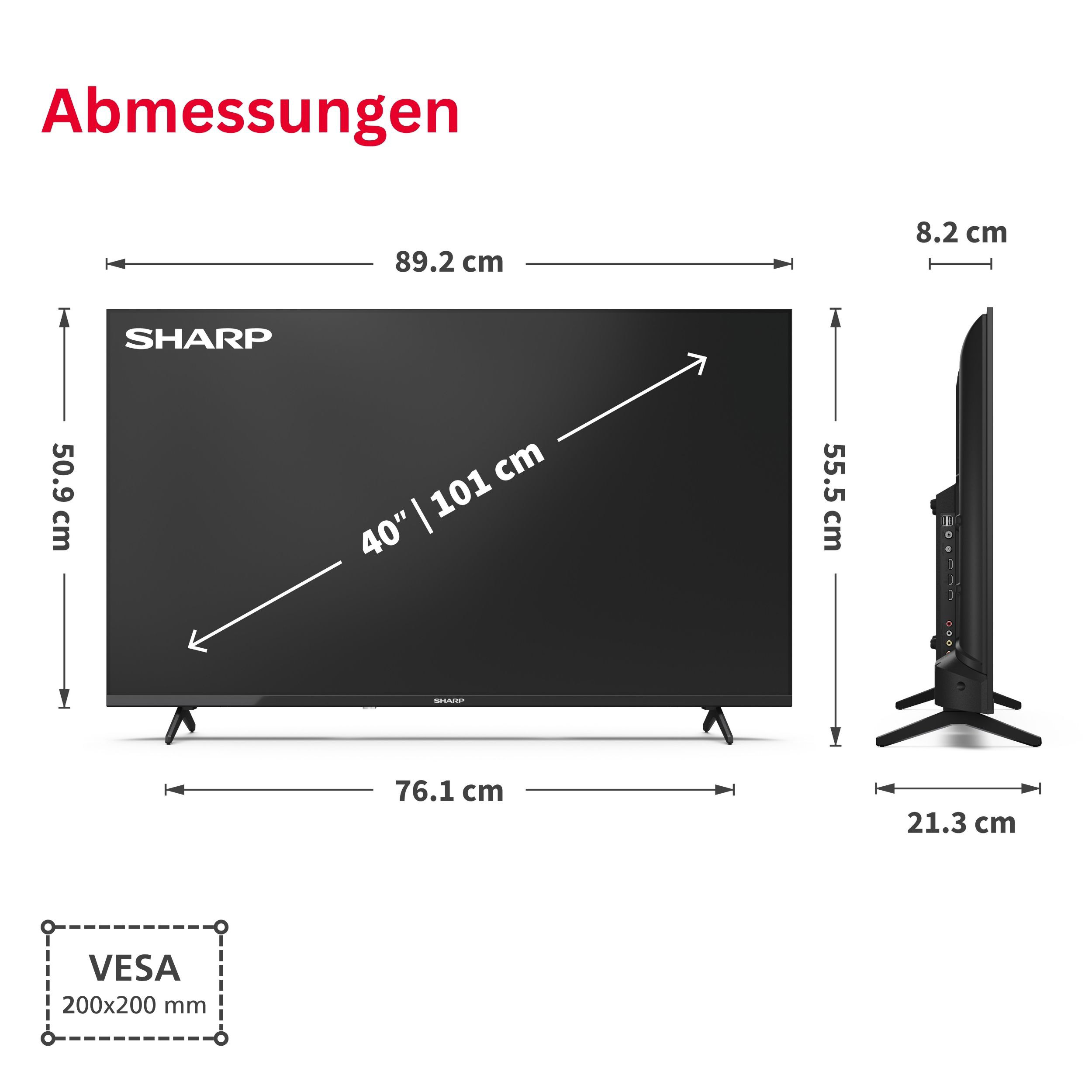 Sharp TV Maße: 89,2cm B, 50,9cm H, 8,2cm T. Bildschirm 40"/101cm.