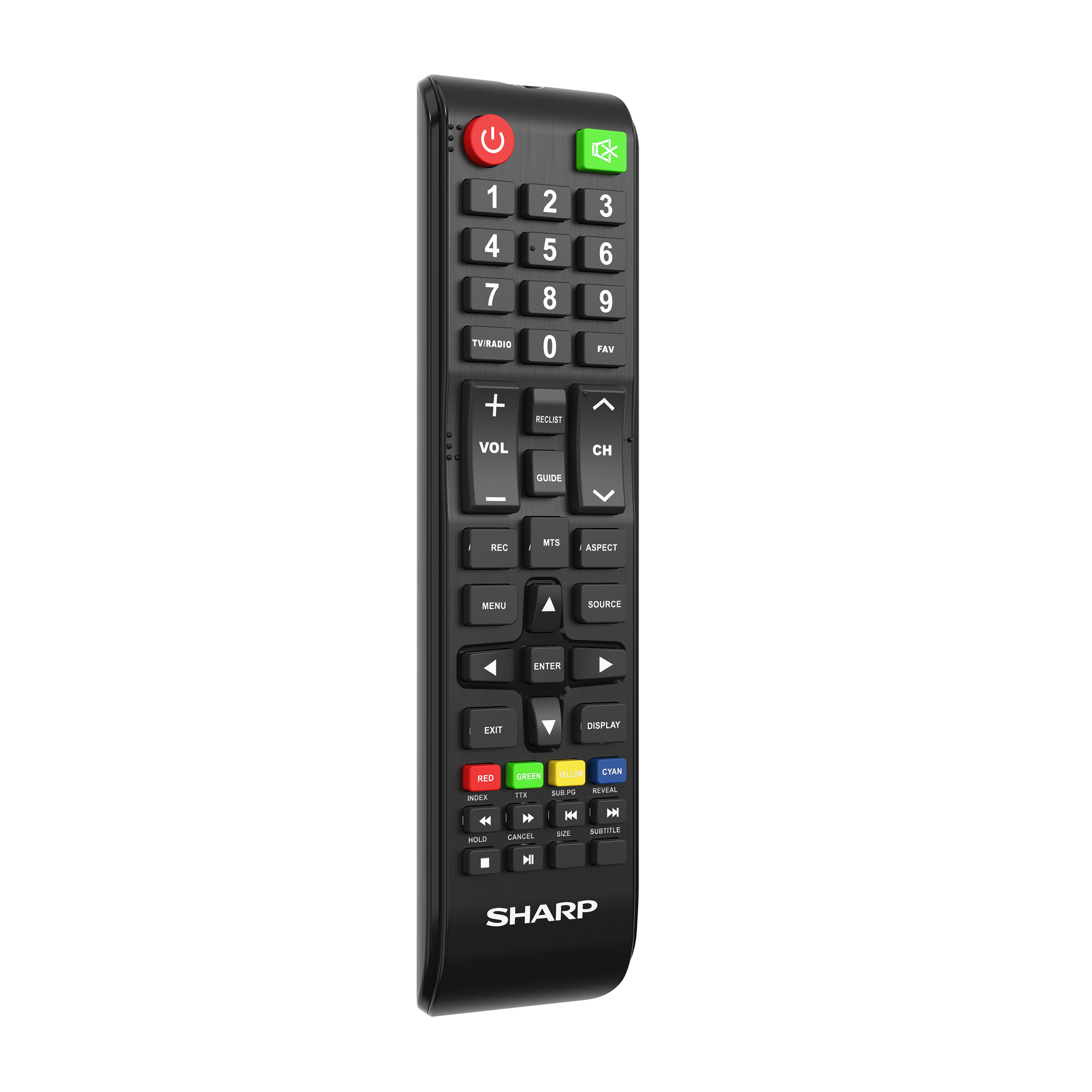 Schwarze Fernbedienung mit nummerischer Tastatur, Lautstärkereglern und Navigationstasten.