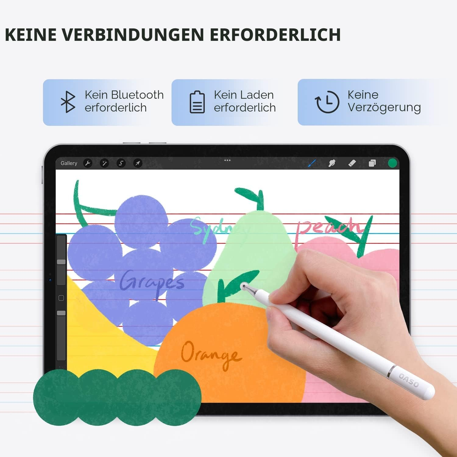 Eine Hand benutzt einen weißen Stift, um auf einem Tablet mit Früchten zu zeichnen.