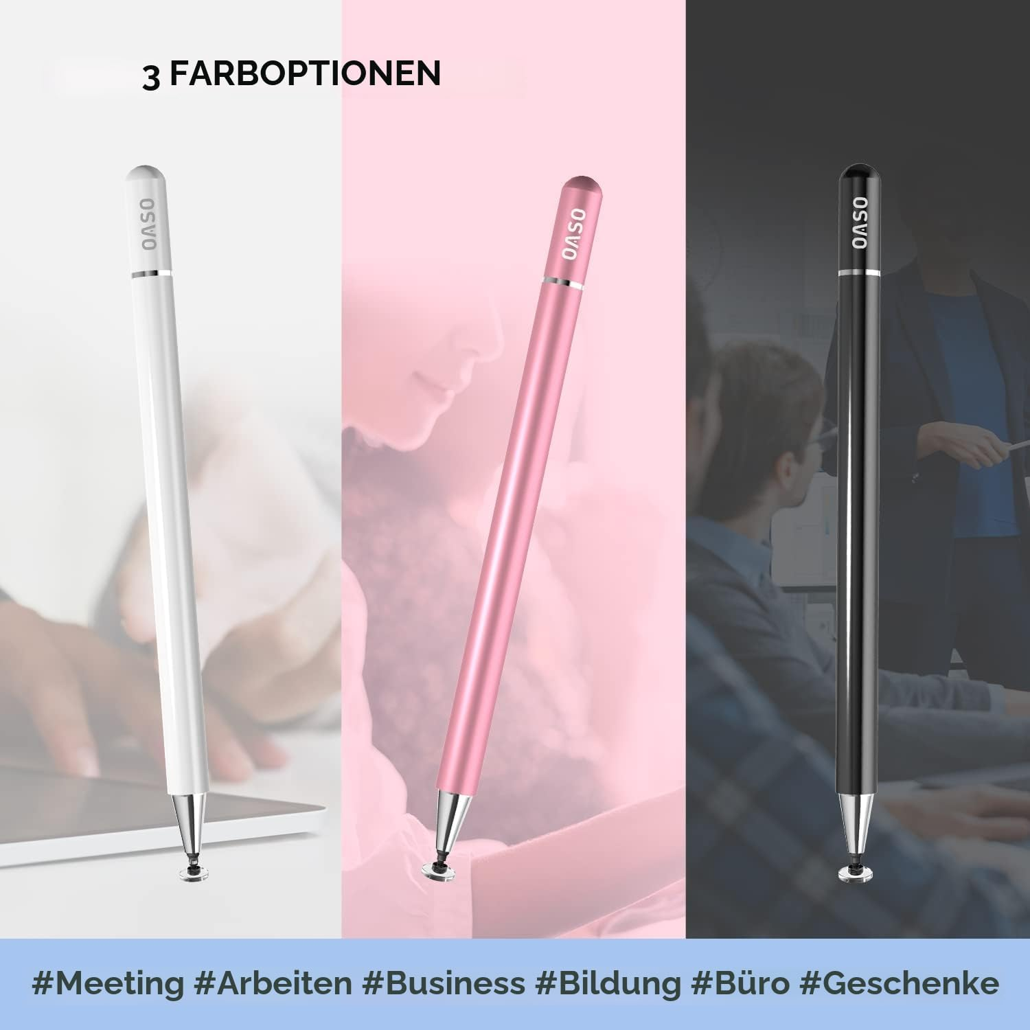 Drei Eingabestifte in Weiß, Rosa und Schwarz vor unscharfem Hintergrund.