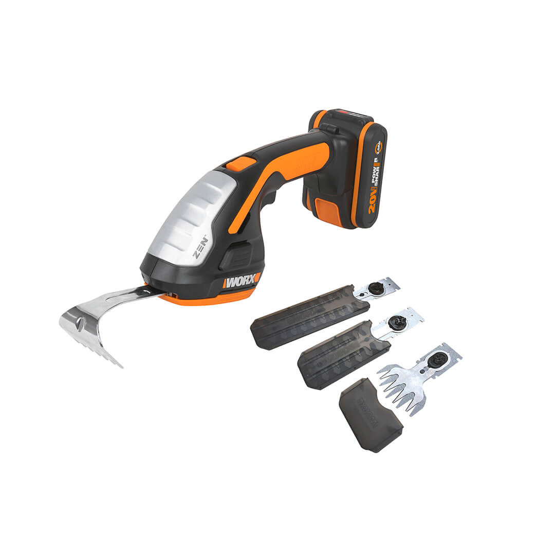 Ein kabelloser Rasenkantenschneider mit orange-schwarzem Griff und Aufsätzen.