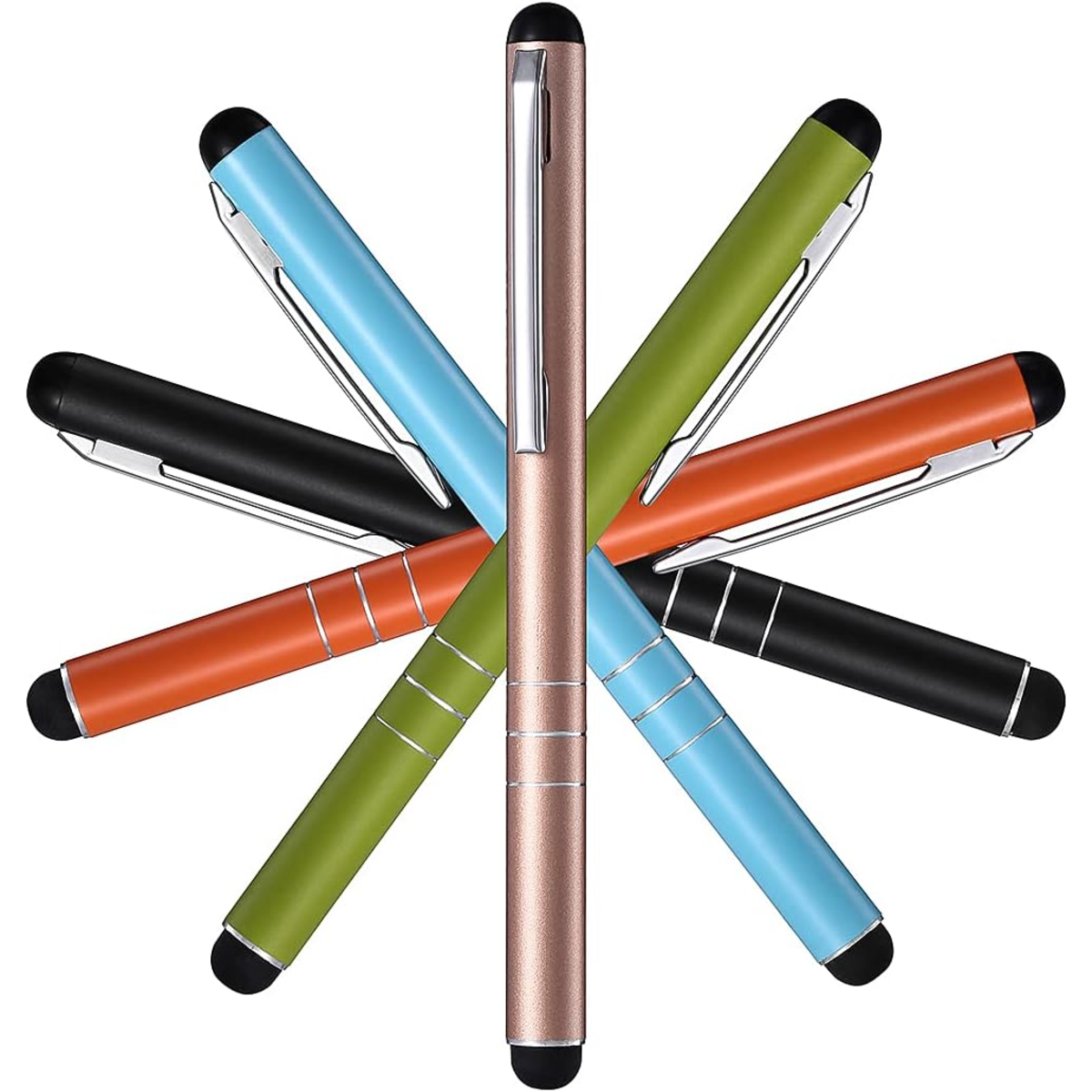 Múltiples bolígrafos en azul, verde, naranja y negro están dispuestos en forma de estrella.