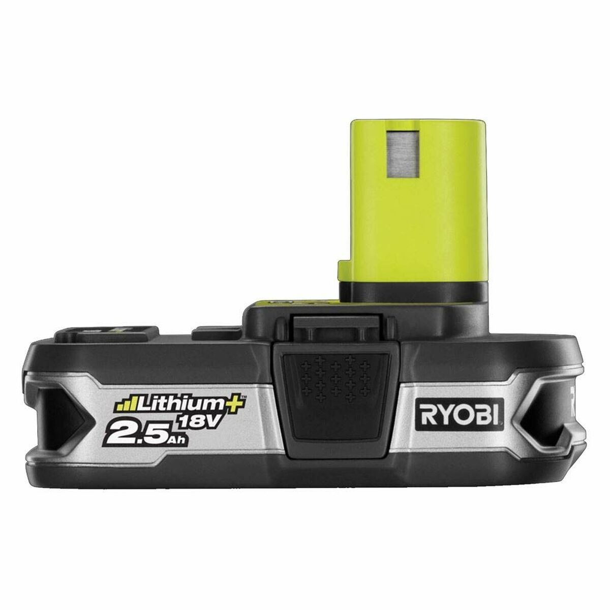 Czarna bateria Ryobi Lithium+ 18V 2,5Ah z jasnozieloną górną częścią.