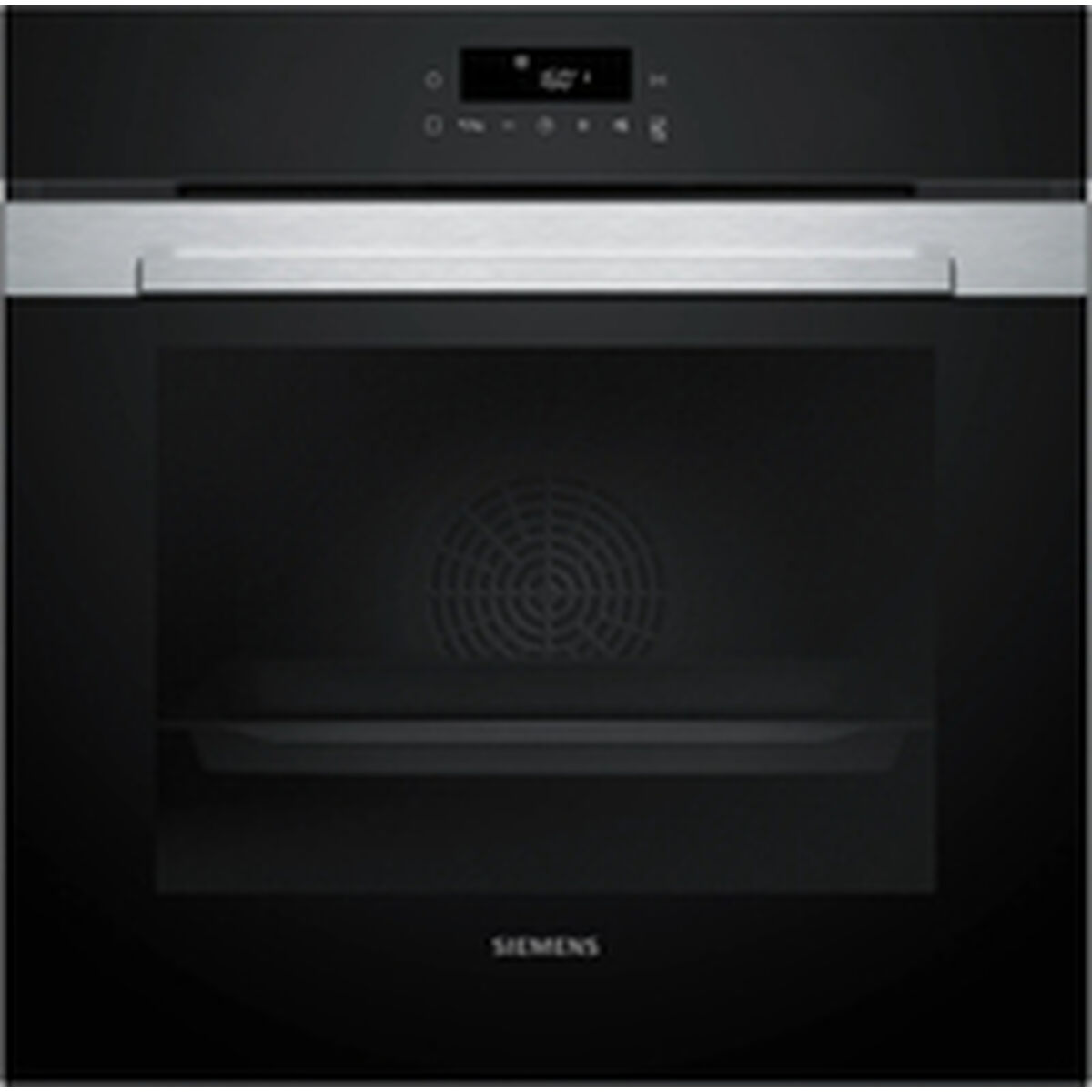 Horno empotrado negro con pantalla digital y asa plateada.