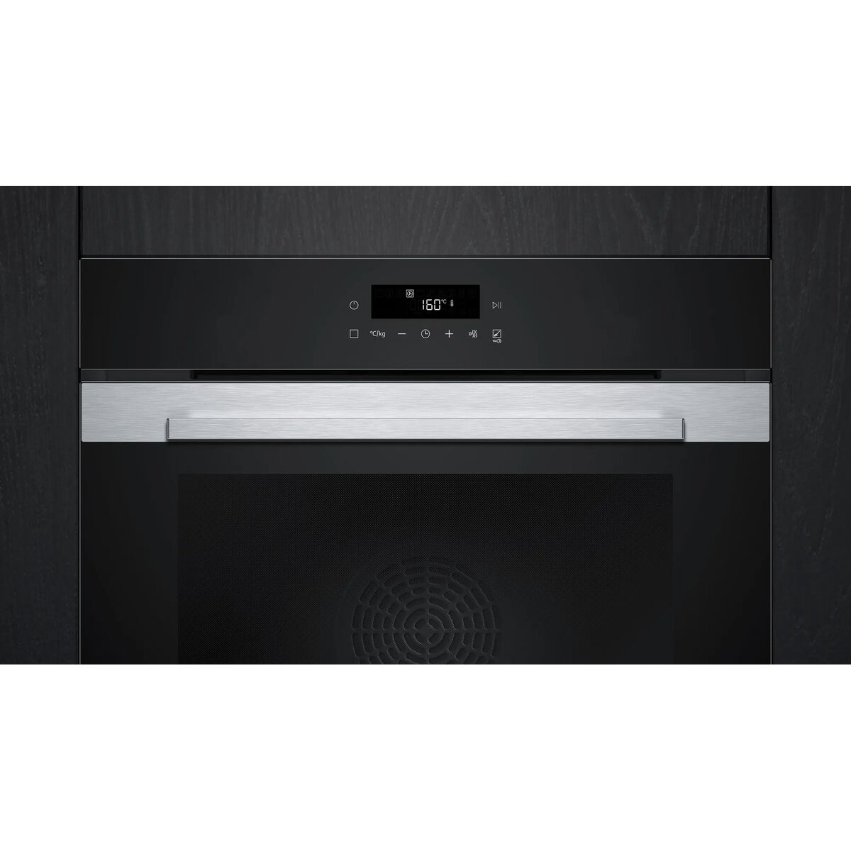 Un horno empotrable moderno con panel de control negro y pantalla digital de 160 grados.