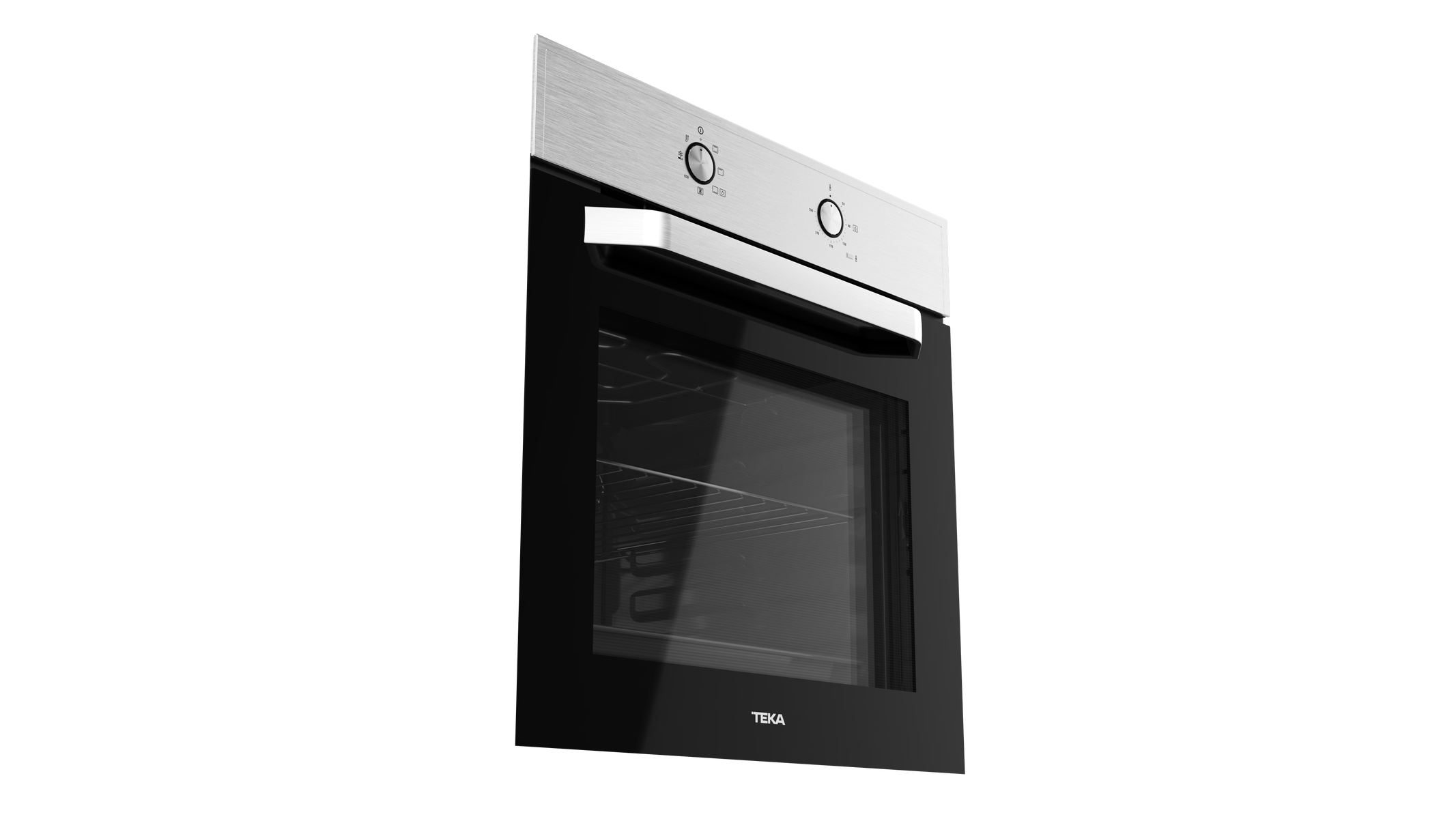 Horno moderno plateado y negro con puerta de cristal y mandos.