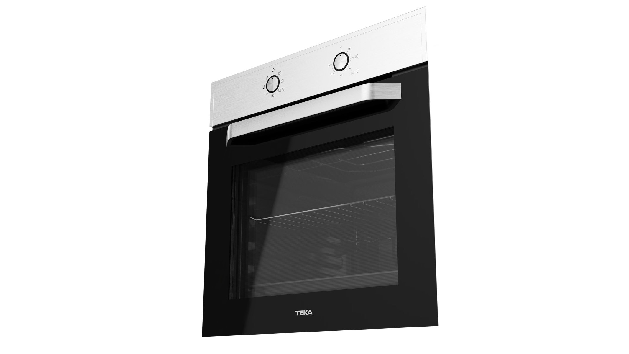 Un horno moderno plateado y negro con puerta de cristal y diales de control.