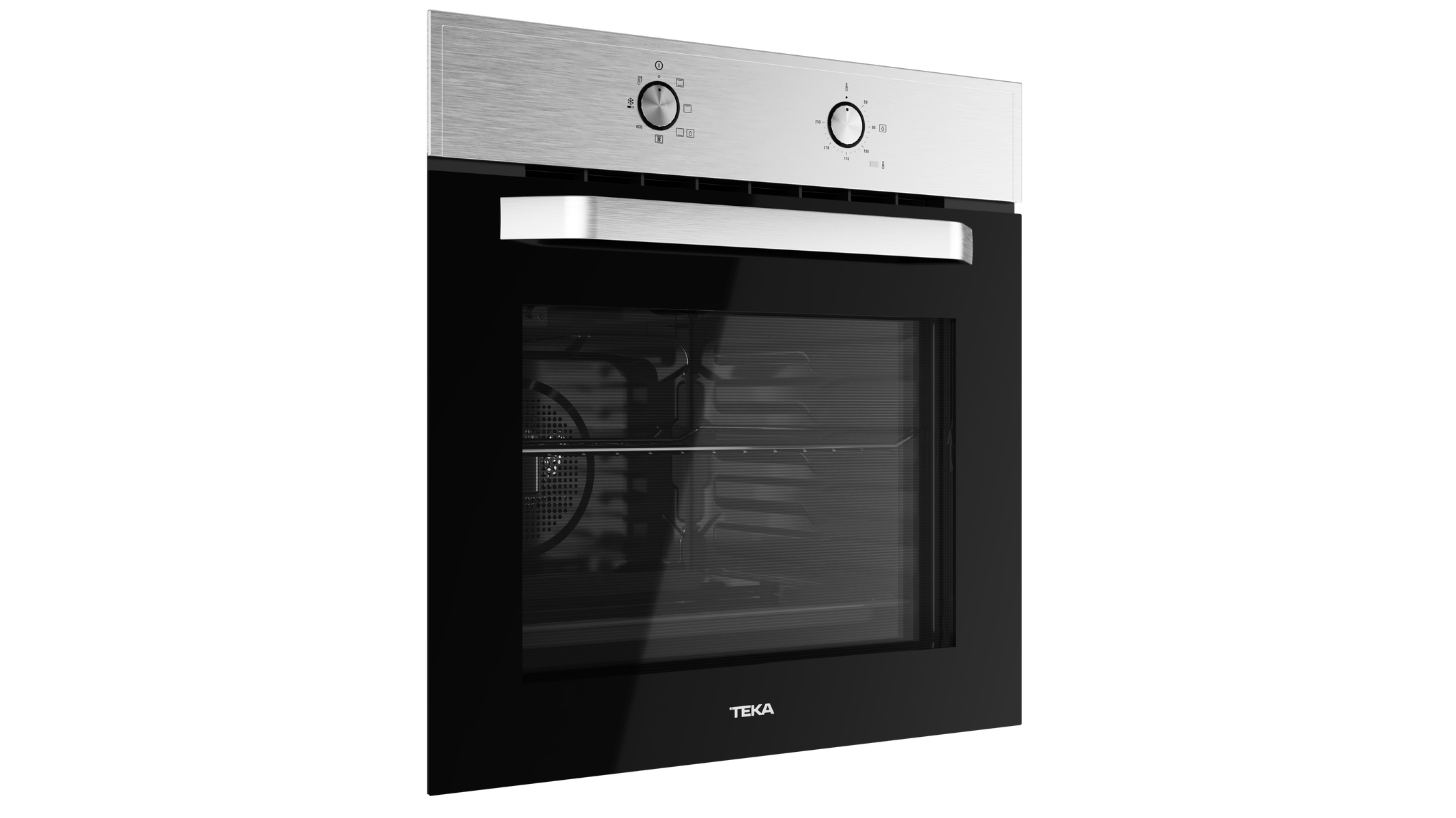 Un horno empotrado moderno de acero inoxidable y cristal negro con dos mandos giratorios.