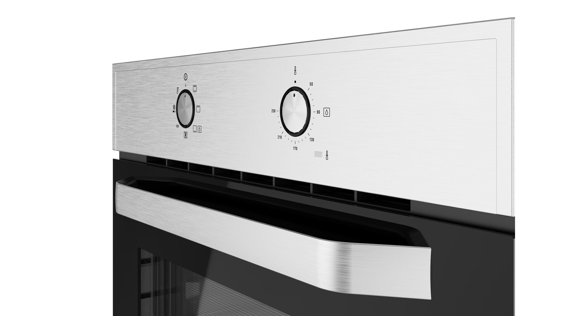 Un horno plateado con dos perillas giratorias y símbolos para diferentes funciones.
