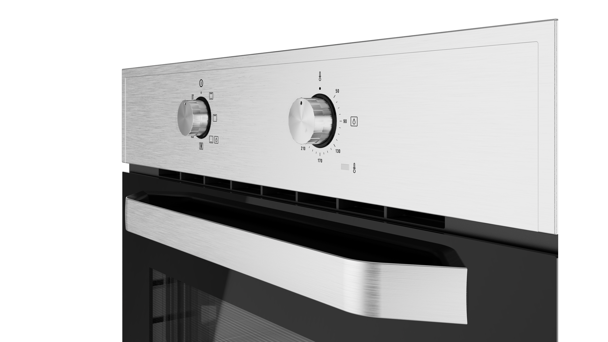 Primer plano de un horno plateado con dos mandos y pantalla de temperatura.