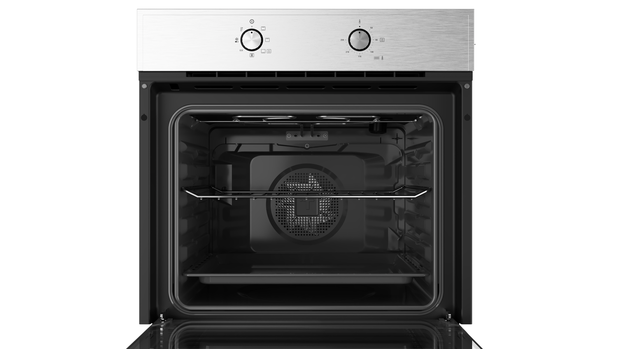 Un horno empotrado abierto con controles plateados y interior negro con rejilla y bandeja.