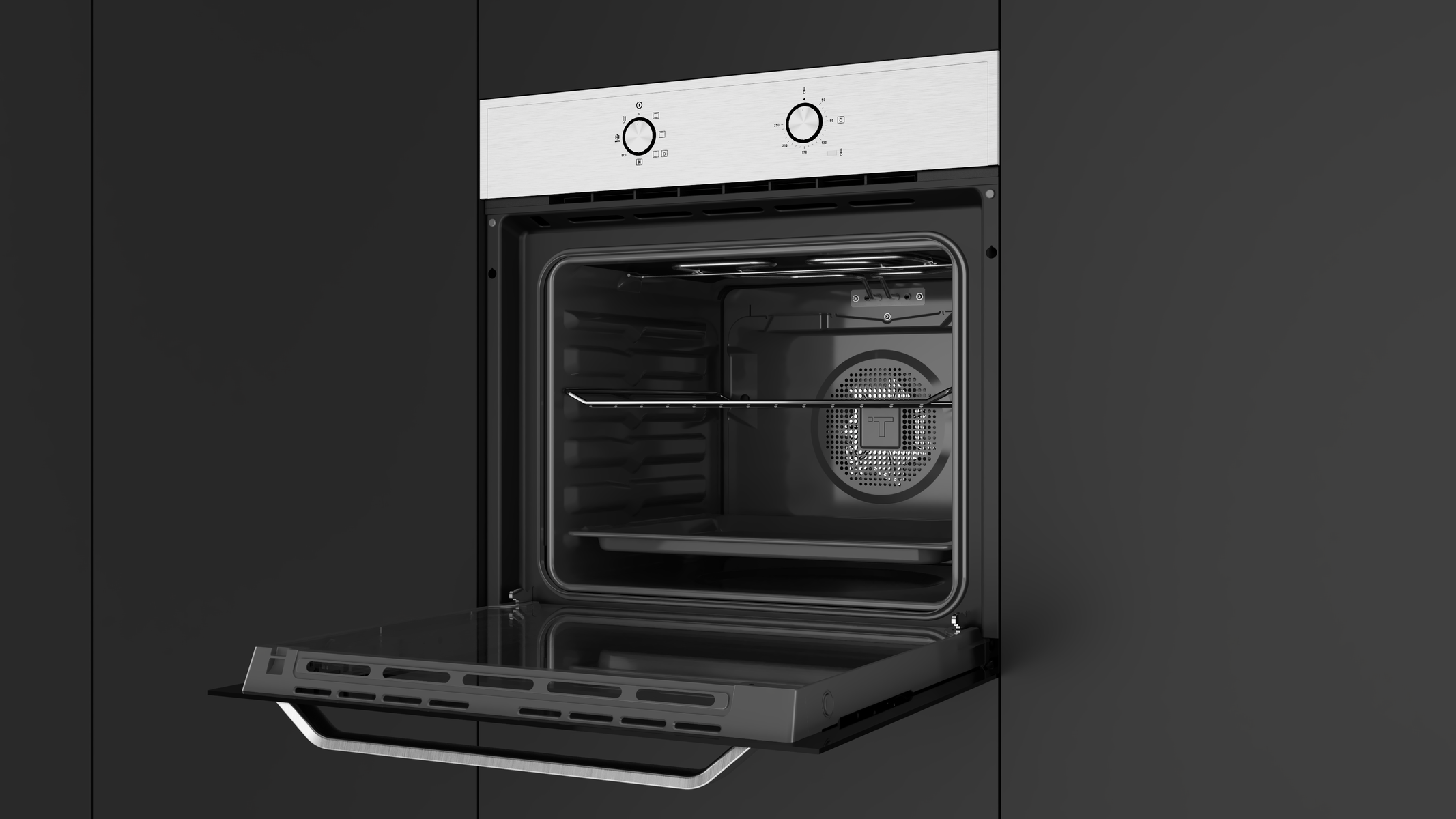 Un horno empotrado abierto con panel de control plateado y dos mandos, sobre fondo negro.