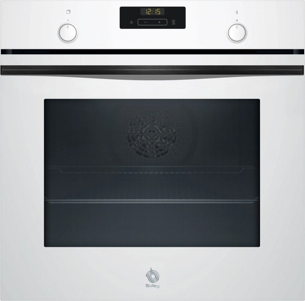 Un moderno forno da incasso bianco con porta nera e display digitale.