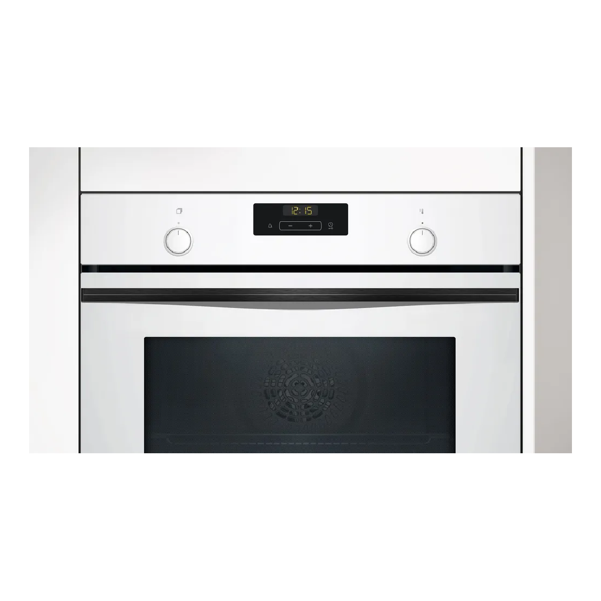 Un forno da incasso bianco con display digitale che mostra 12:15.