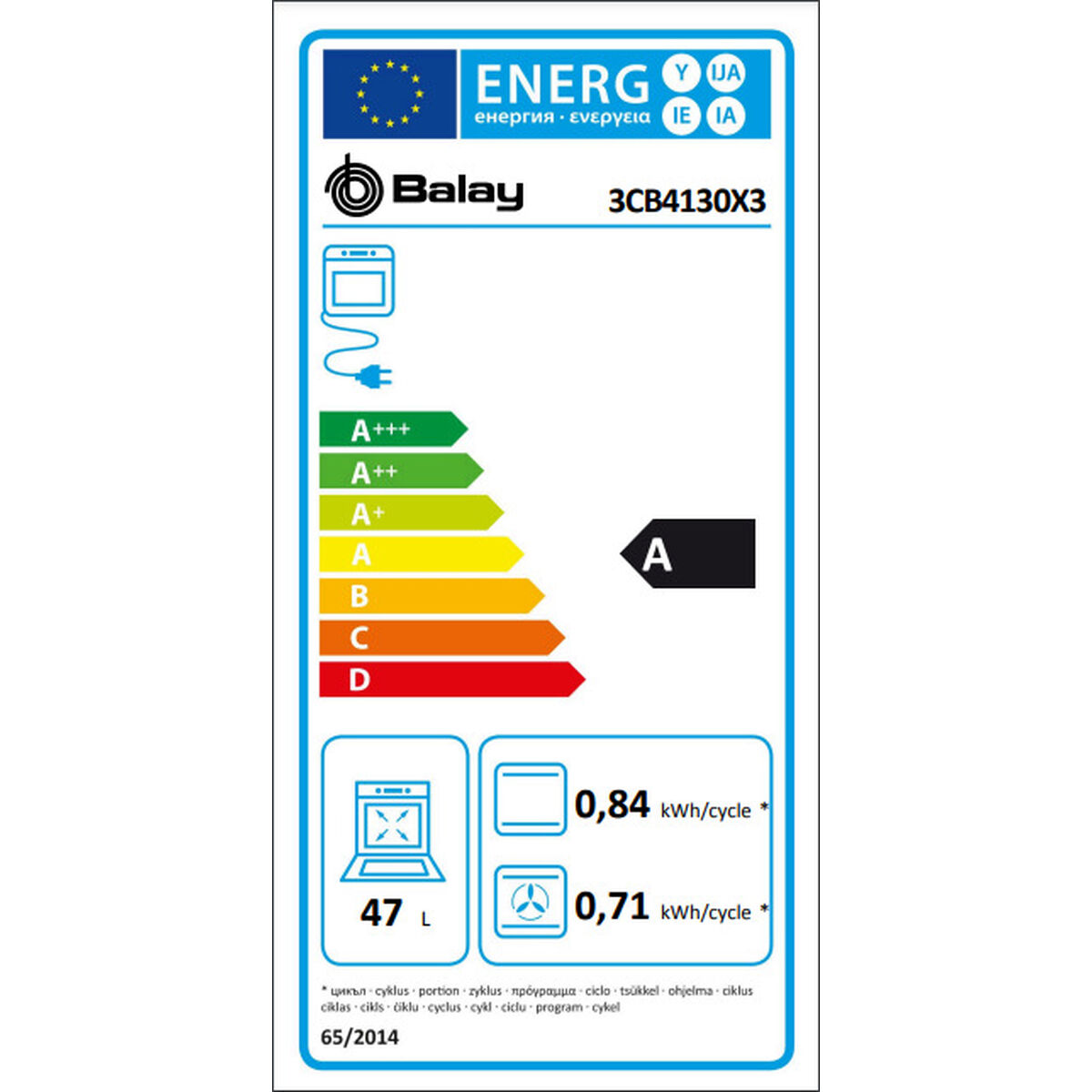 Etiqueta energética lavavajillas Balay: Clase A, 47L, 0,84/0,71 kWh/ciclo.