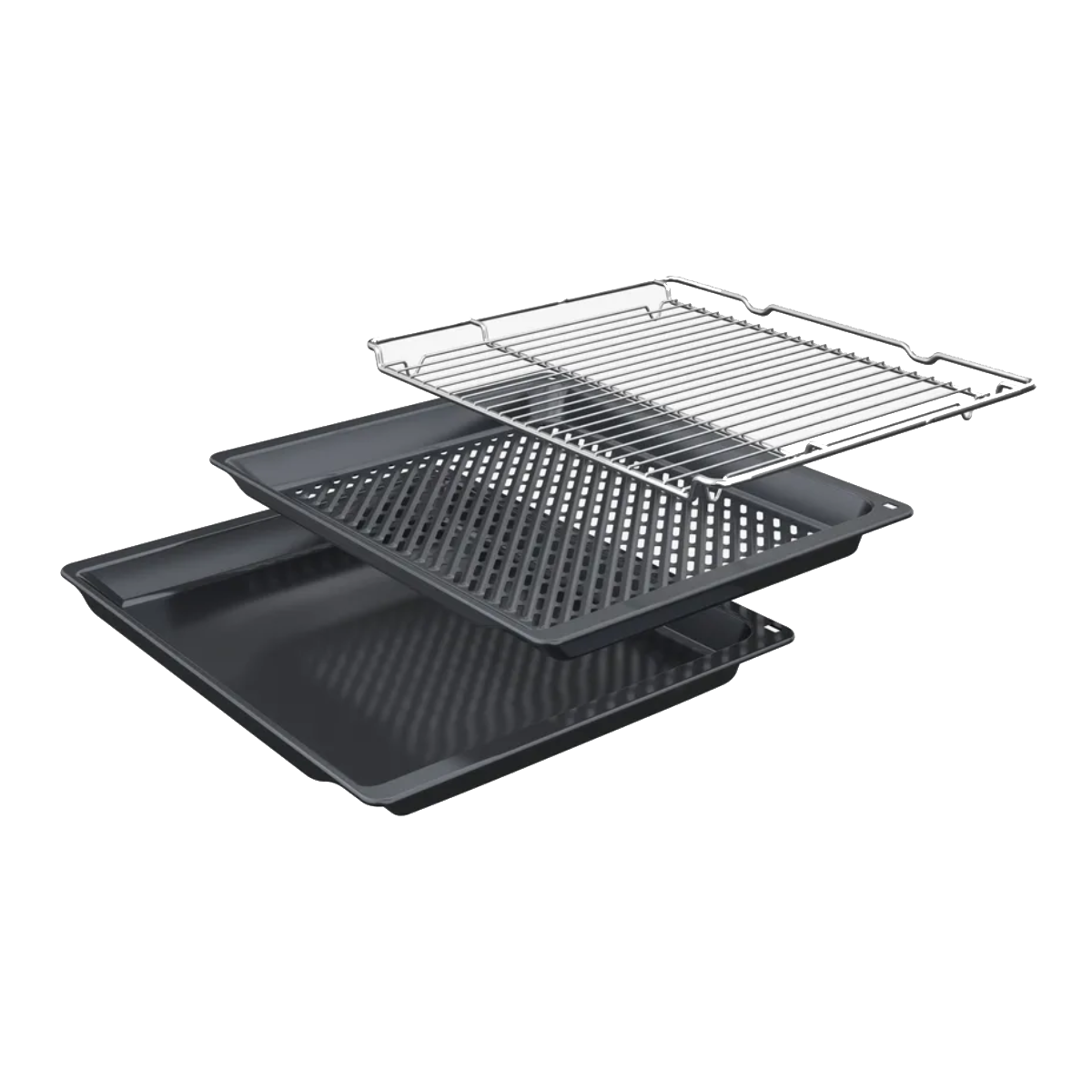Tre accessori per forno: una teglia, una griglia e una grattugia.