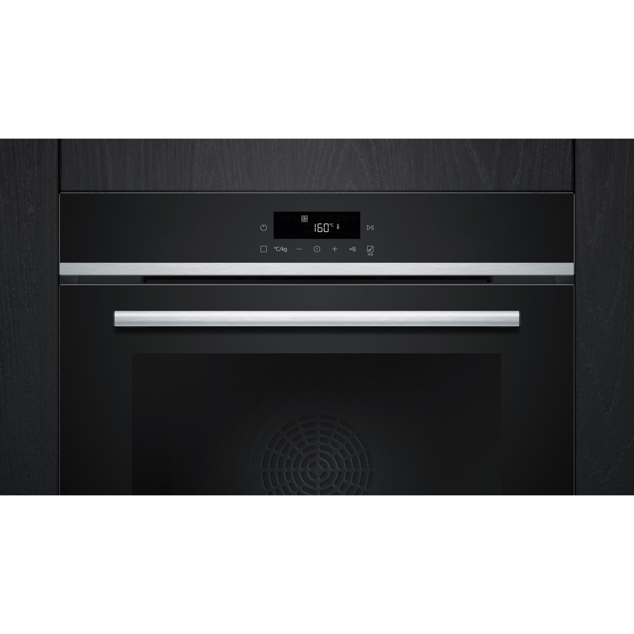 Un forno nero moderno con display digitale e maniglie argentate.