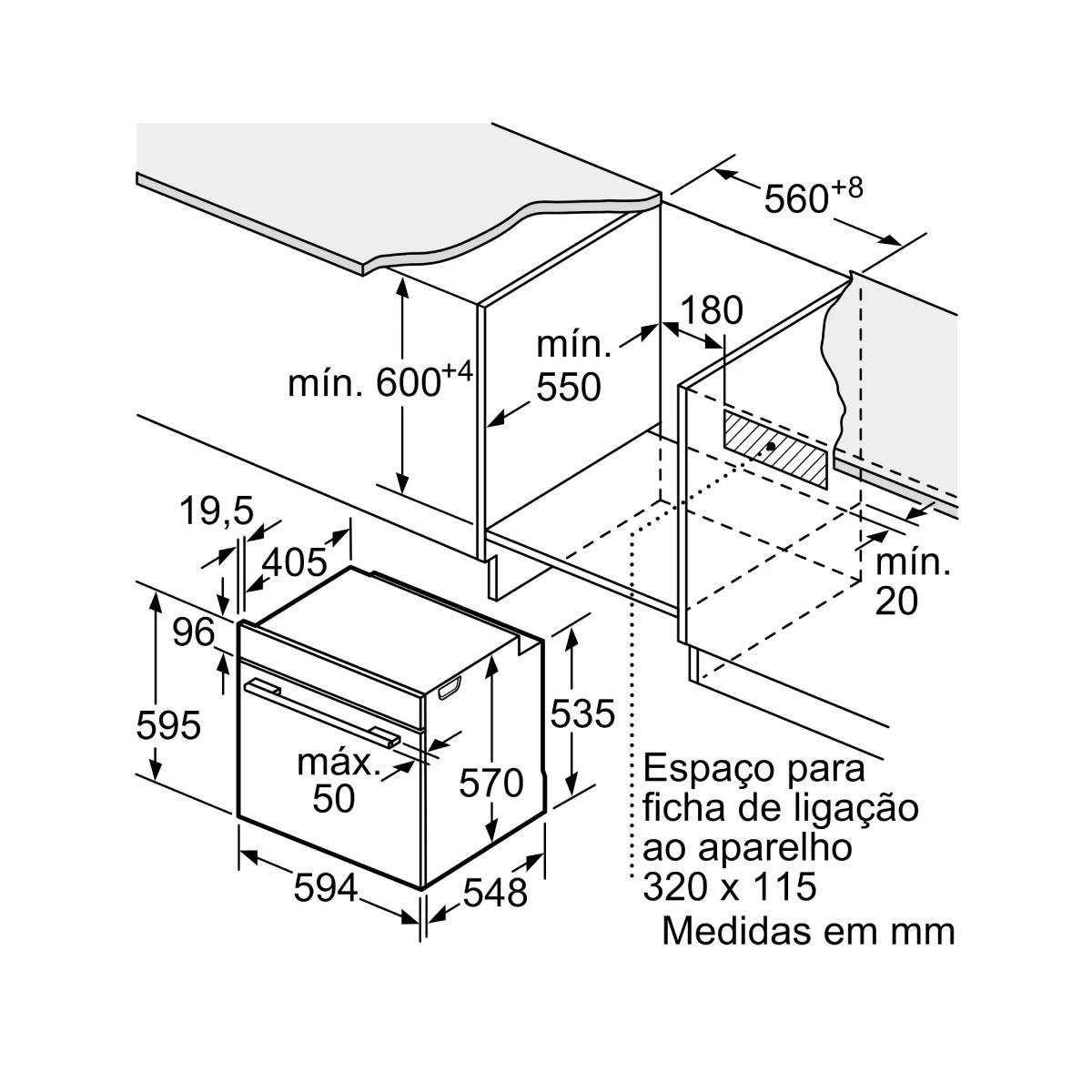 Disegno tecnico di un forno da incasso con dimensioni in mm.