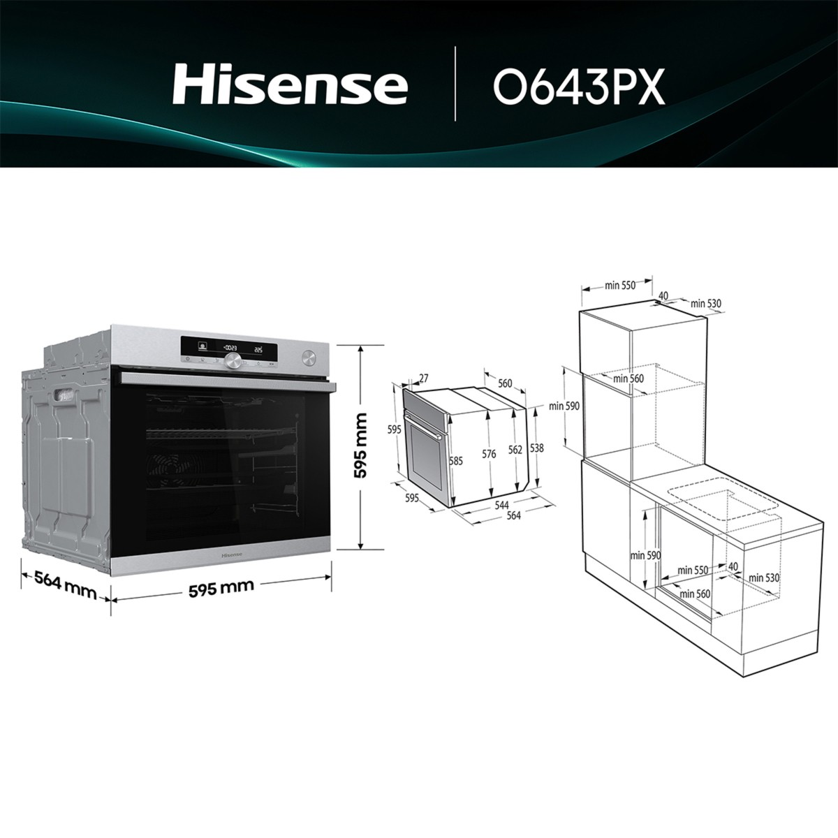 Schema delle dimensioni per un forno Hisense, altezza, larghezza e profondità 595 mm.
