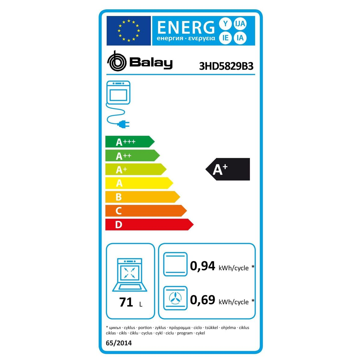Etichetta energetica: Balay 3HD5829B3, Efficienza A+, 71L, 0.94 kWh/ciclo
