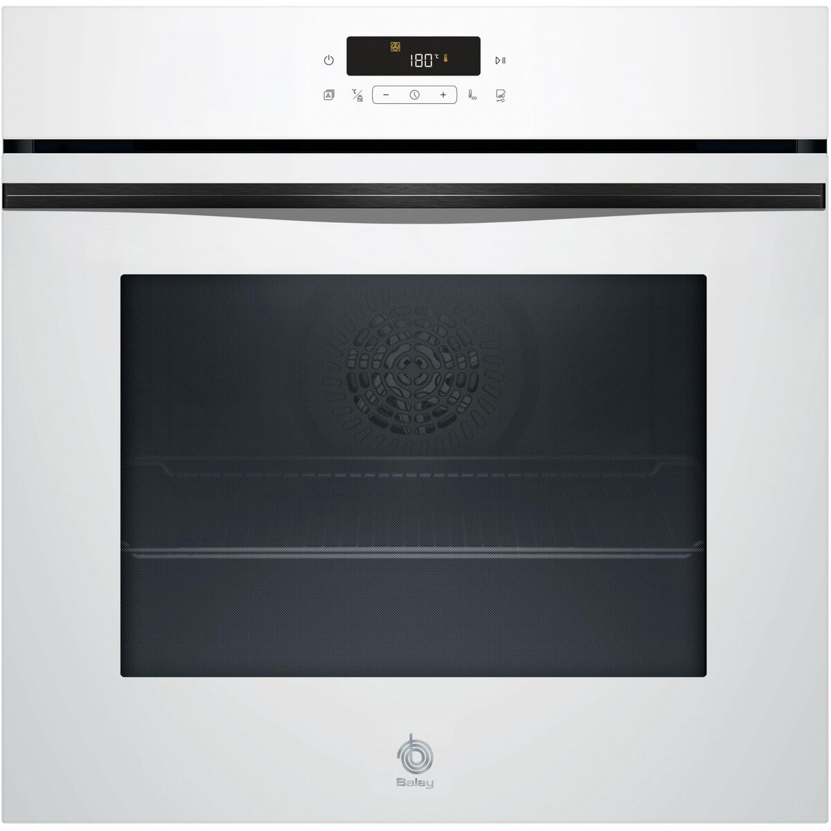 Un forno da incasso bianco con display digitale e obl.