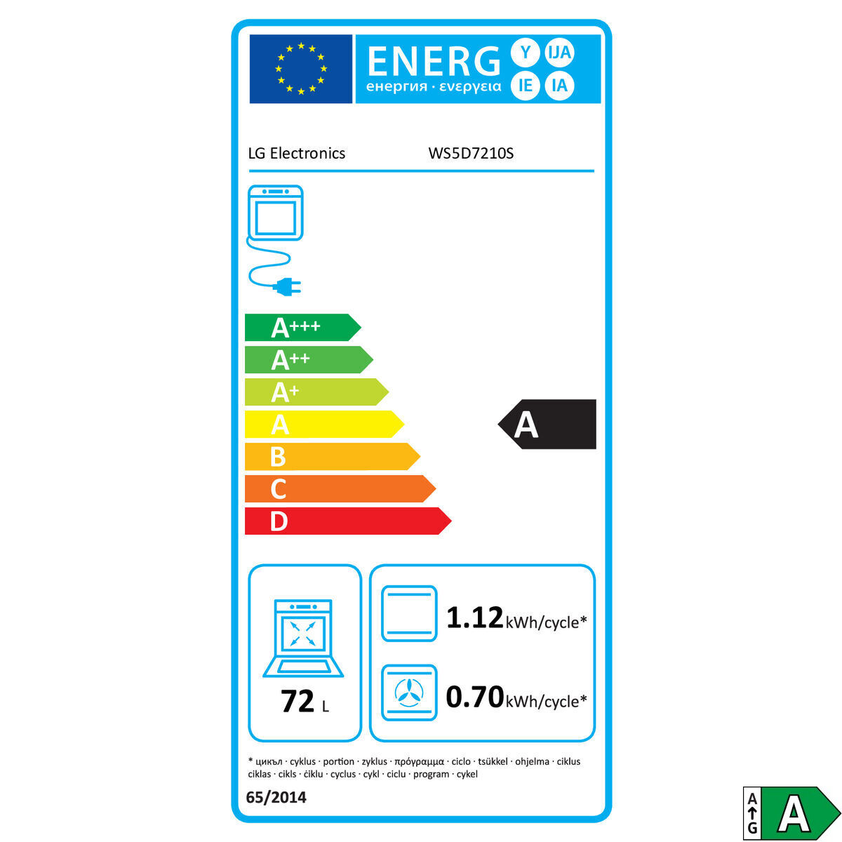 Etiqueta energética lavavajillas LG Electronics WS5D7210S, Clase A.