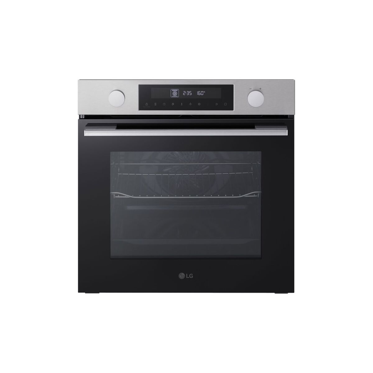 Un moderno horno LG con puerta de cristal negro y panel de control de acero inoxidable.