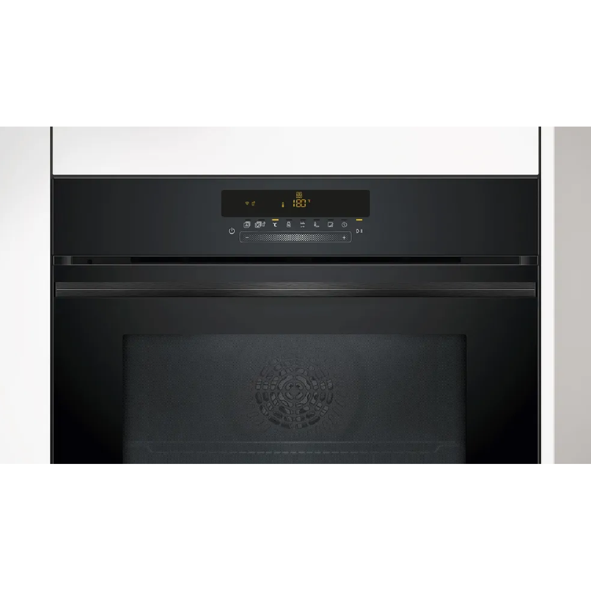 Un moderno forno nero con display digitale e finestra di visualizzazione.
