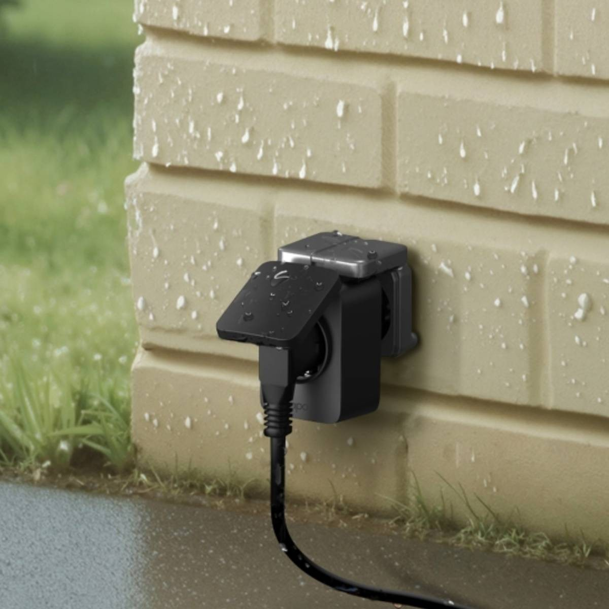 Una presa elettrica esterna nera su muro di mattoni sotto la pioggia.