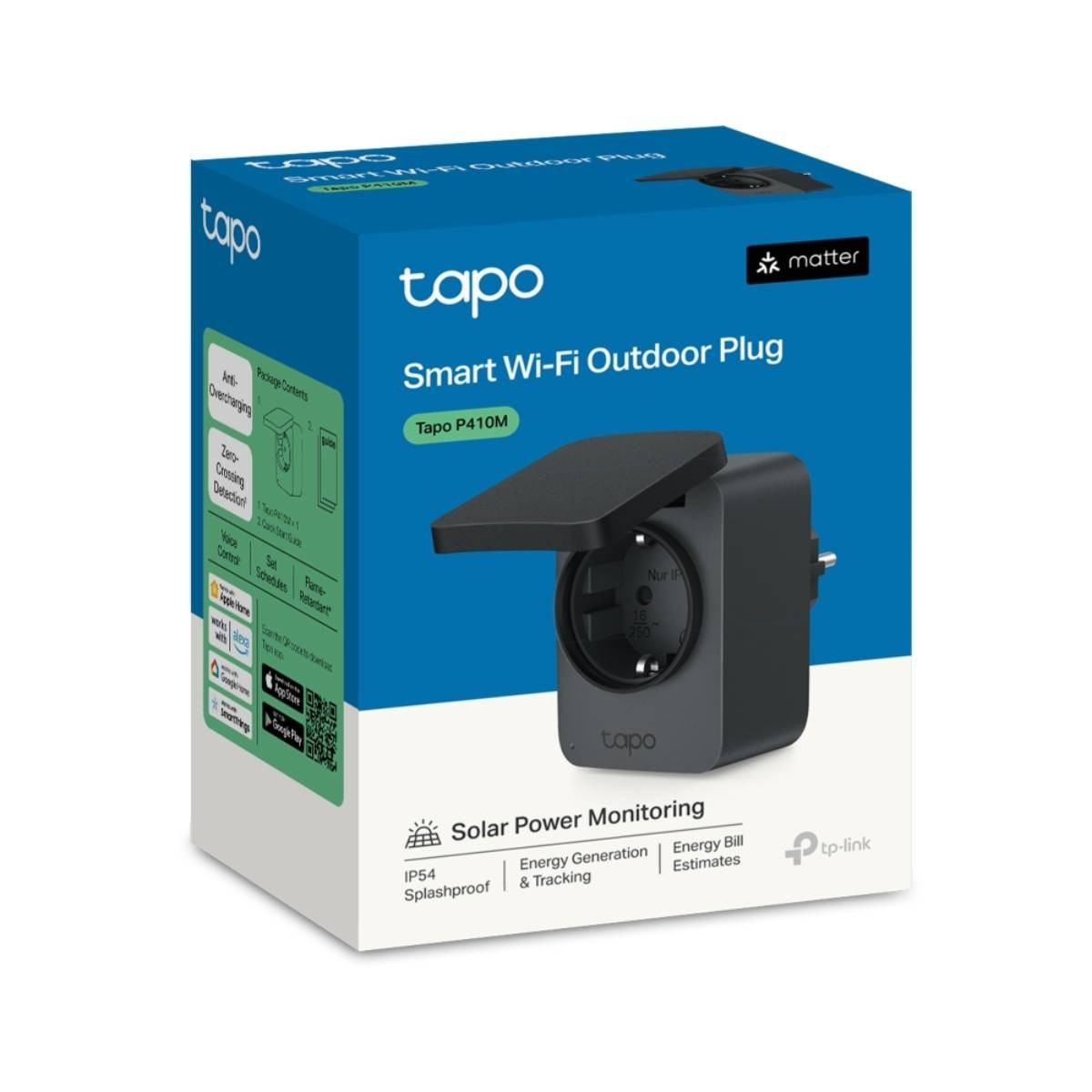 Spina smart Wi-Fi da esterno Tapo P410M su confezione blu e bianca.