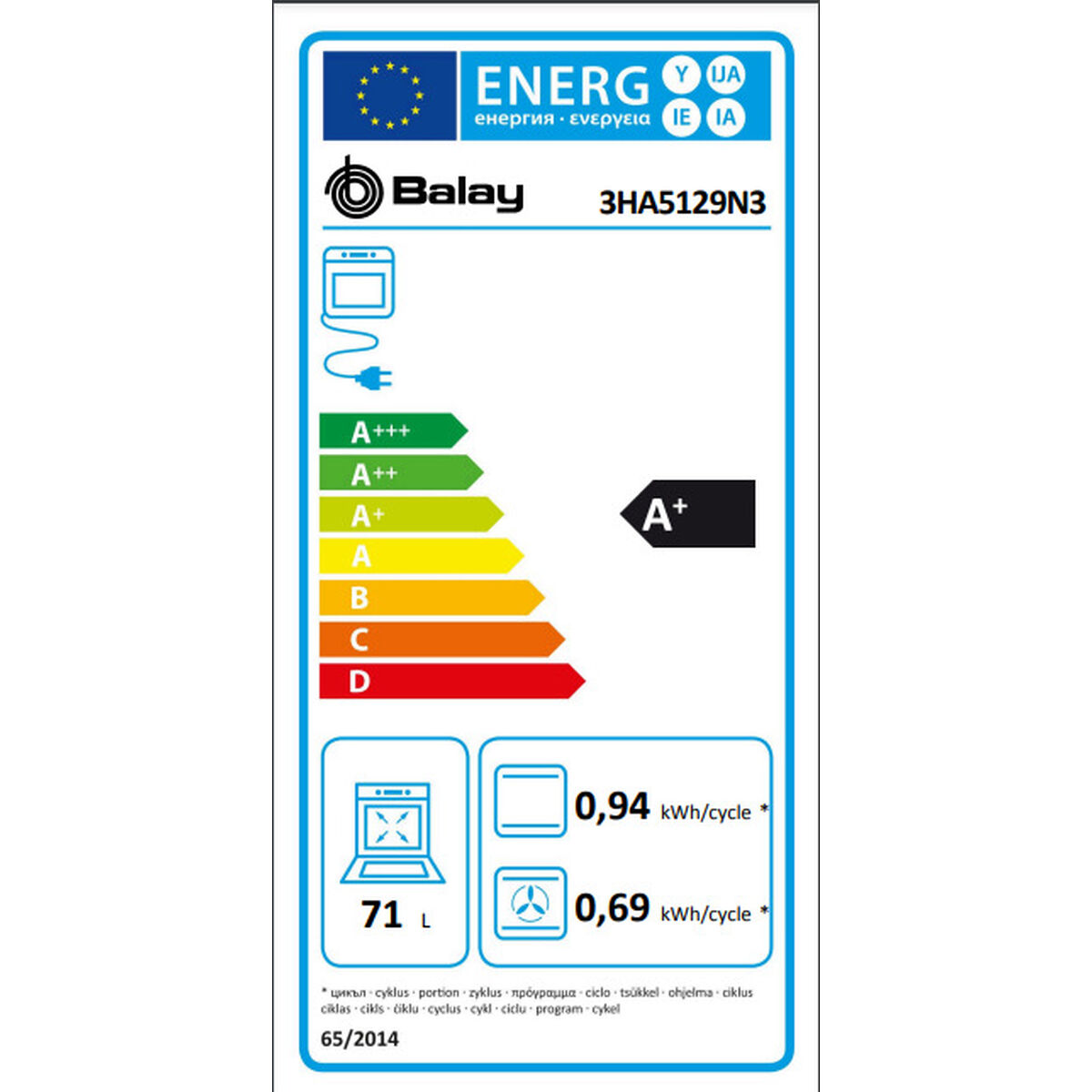 Etichetta efficienza energetica forno Balay 71L, classe A+, 0,94 kWh/ciclo