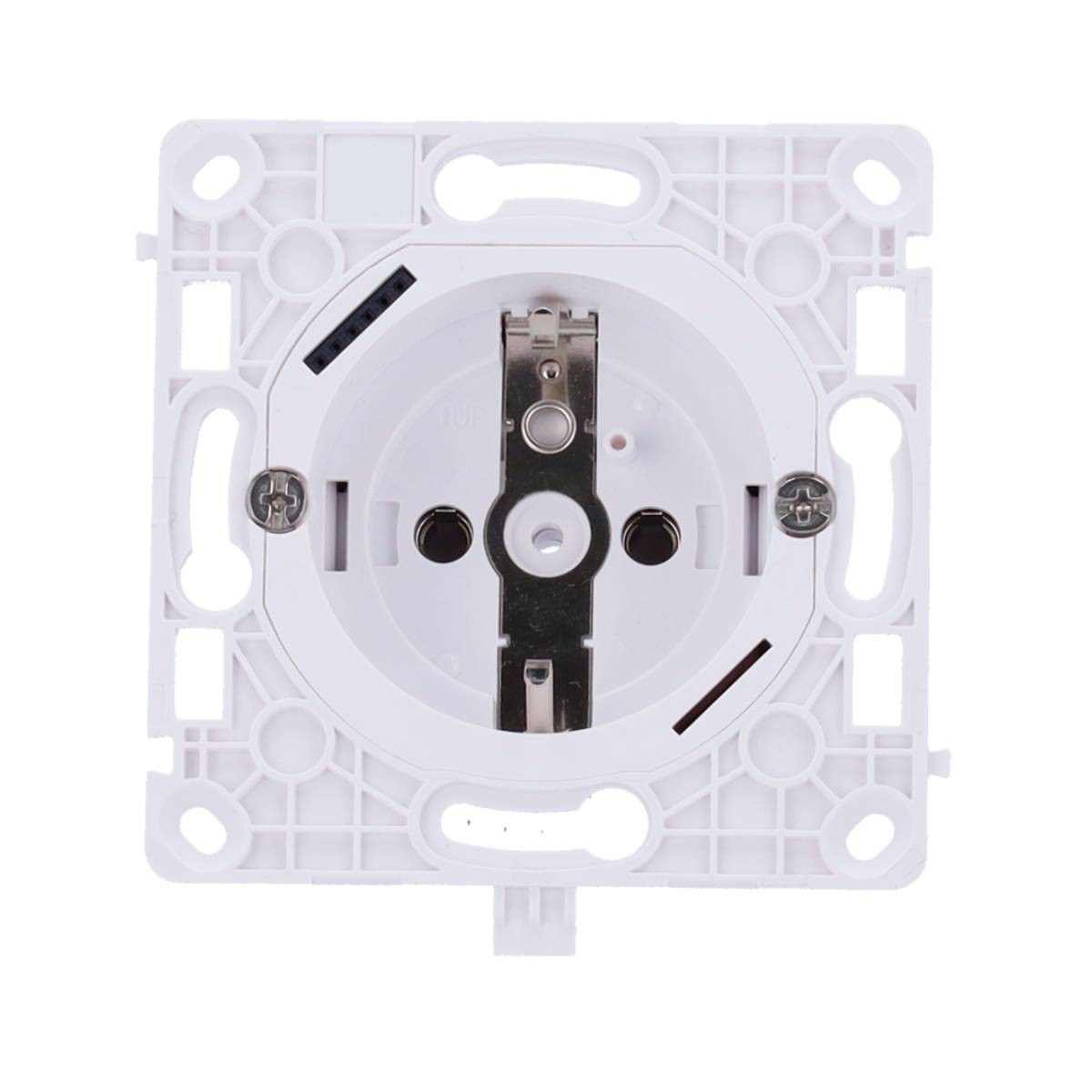 Base elettrica bianca con contatti metallici e viti, che mostra fori di montaggio visibili.
